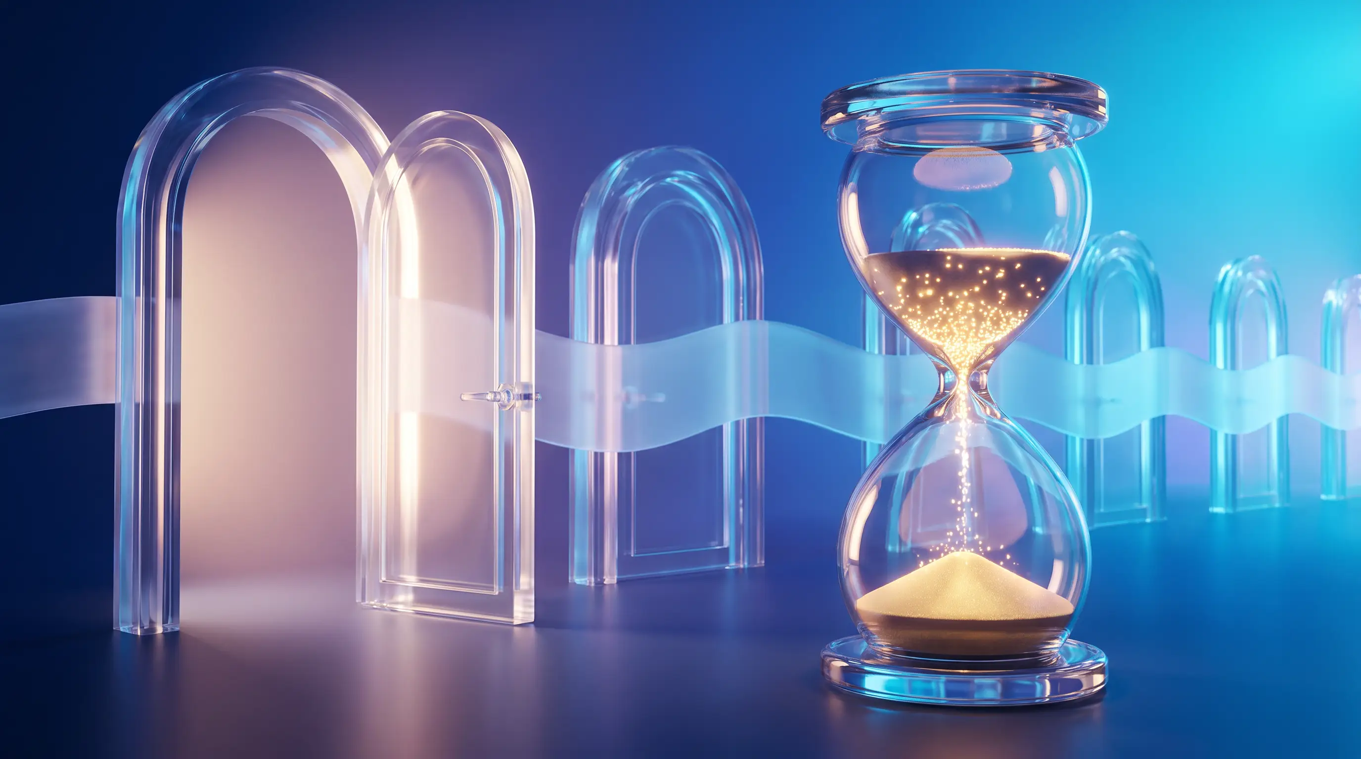 Glass hourglass of golden light in front of crystal doors, one open and the rest sealed — the waiting periods built into dental insurance plans