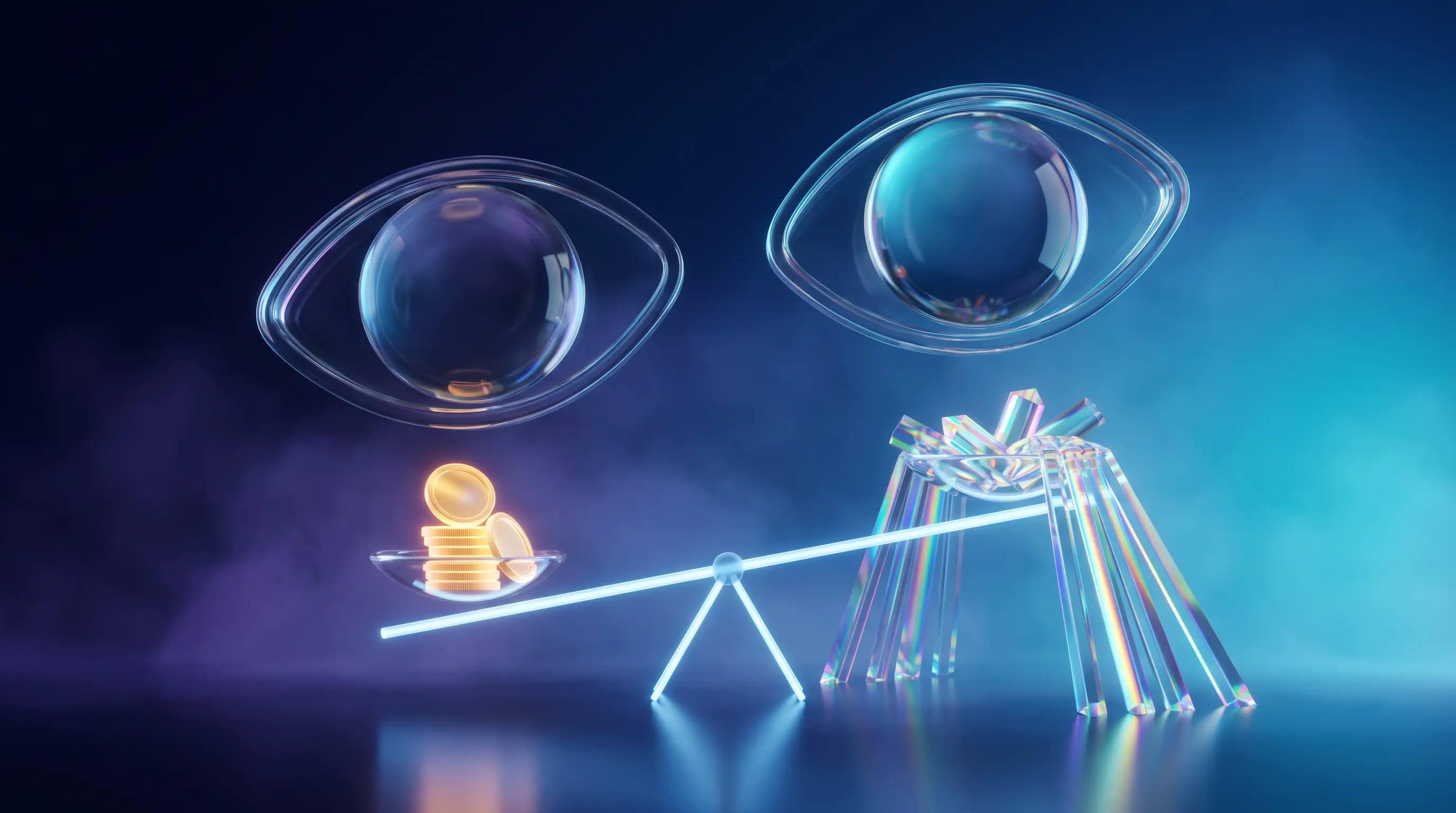 Giant glass lenses above a scale of light where refracted beams outweigh a small stack of coins — the break-even math of vision insurance for lens wearers
