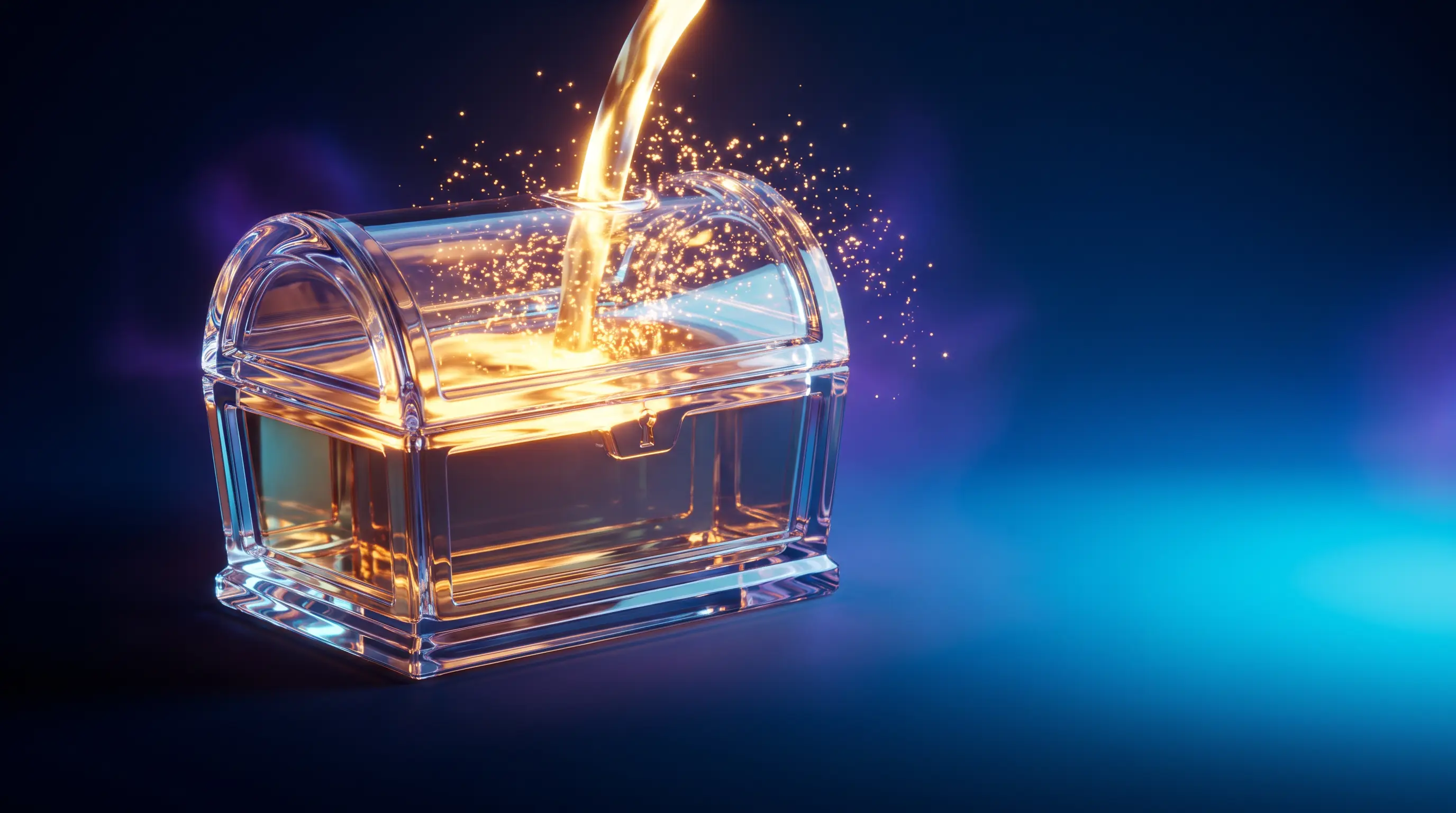 Crystal treasure chest filling with golden light that stops at an etched limit line while the overflow drains into shadow — the annual maximum cap on dental insurance