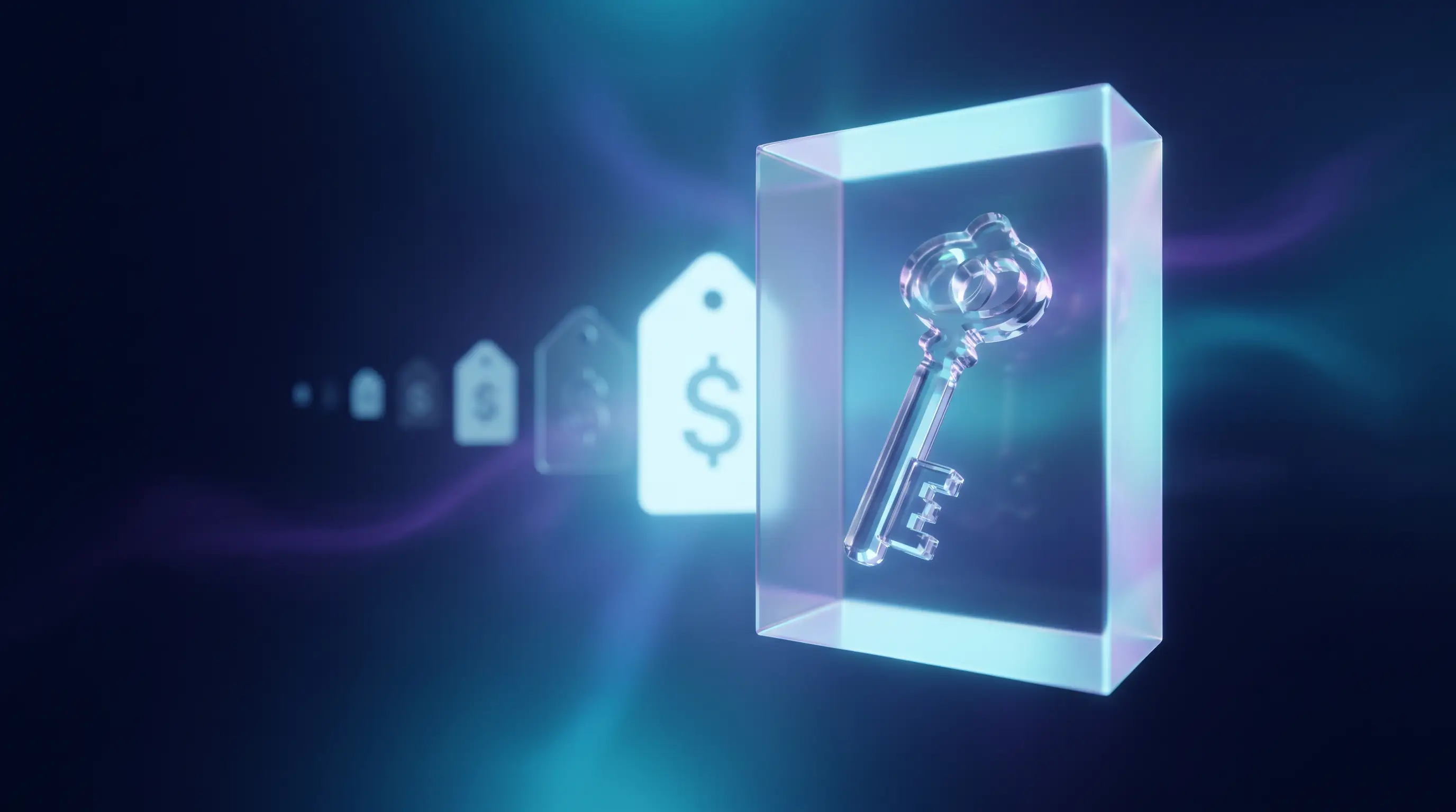 Glass membership key opening a prism gate onto a corridor of shrinking light-tags — how dental discount plans unlock reduced member pricing