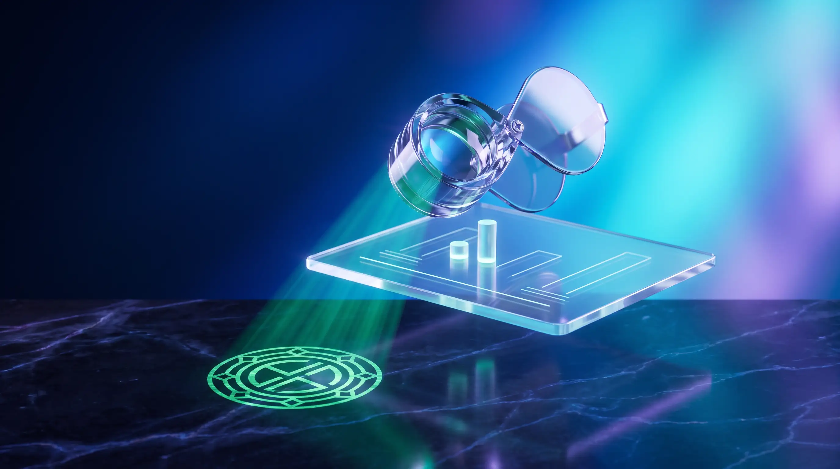 Crystal loupe examining a glowing glass ledger of fees that projects an emerald seal of verification — vetting whether dental discount plans are legitimate