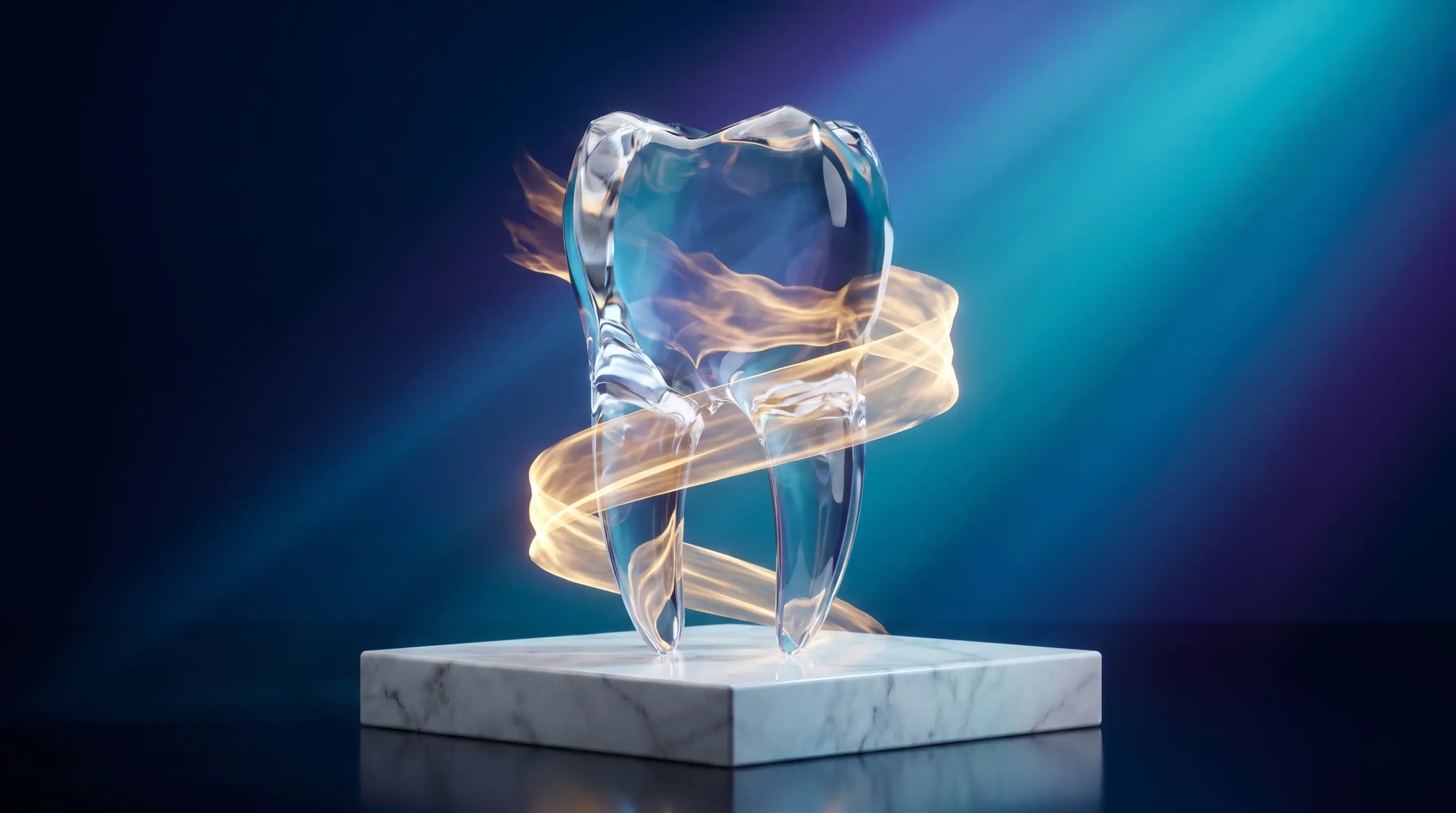 Monumental crystal tooth only partially wrapped in a fraying ribbon of golden light — the limited and often excluded coverage dental insurance gives implants