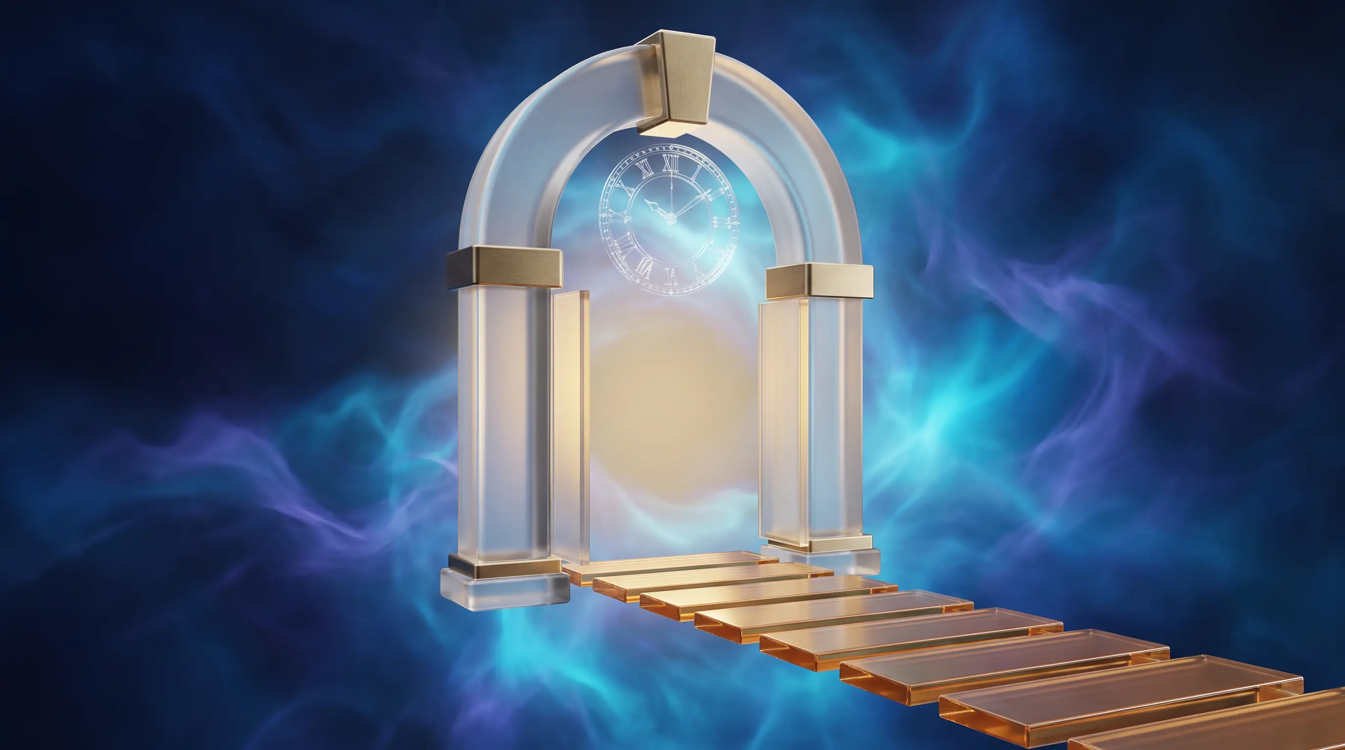 Glowing glass gateway with seven amber panels leading toward a luminous clock face — whether Medicare enrollment at 65 is required