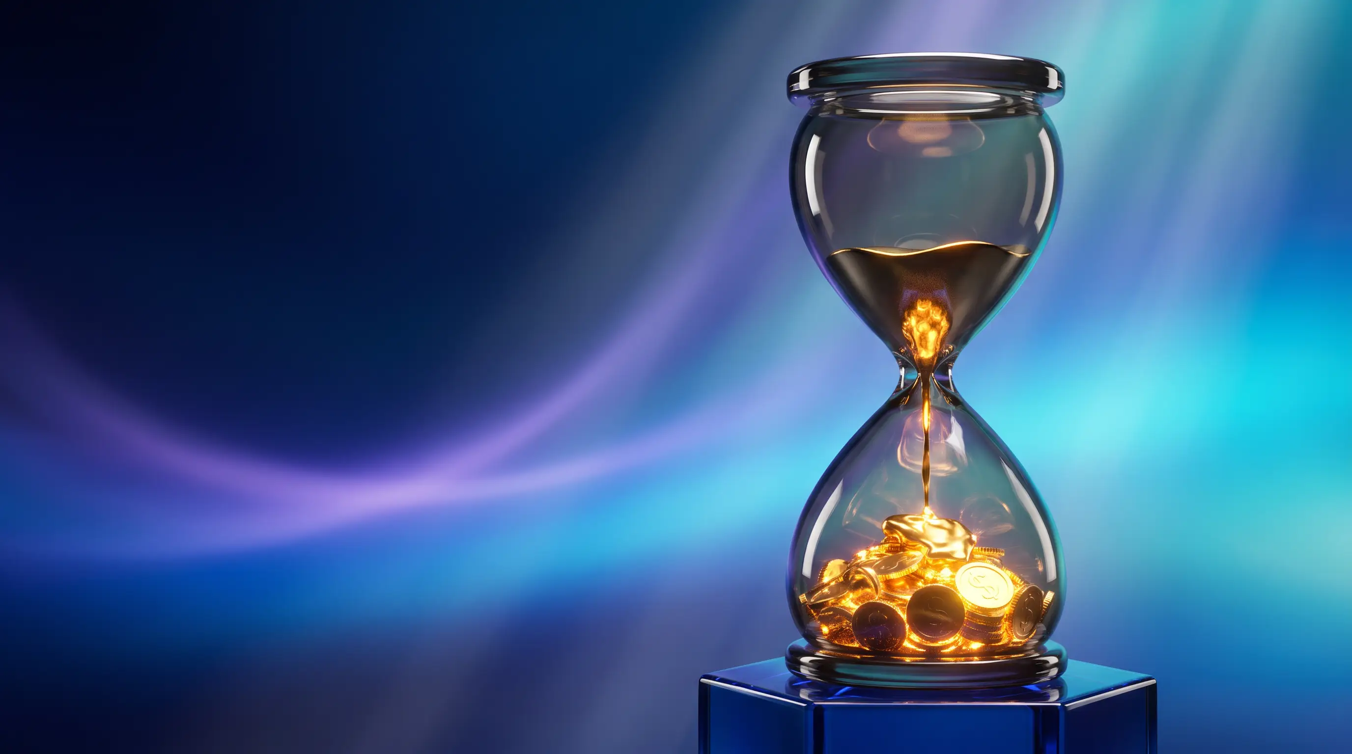 Smoked-glass hourglass spilling golden sand that hardens into a permanent stack of luminous coins — the lifetime Medicare Part B late enrollment penalty