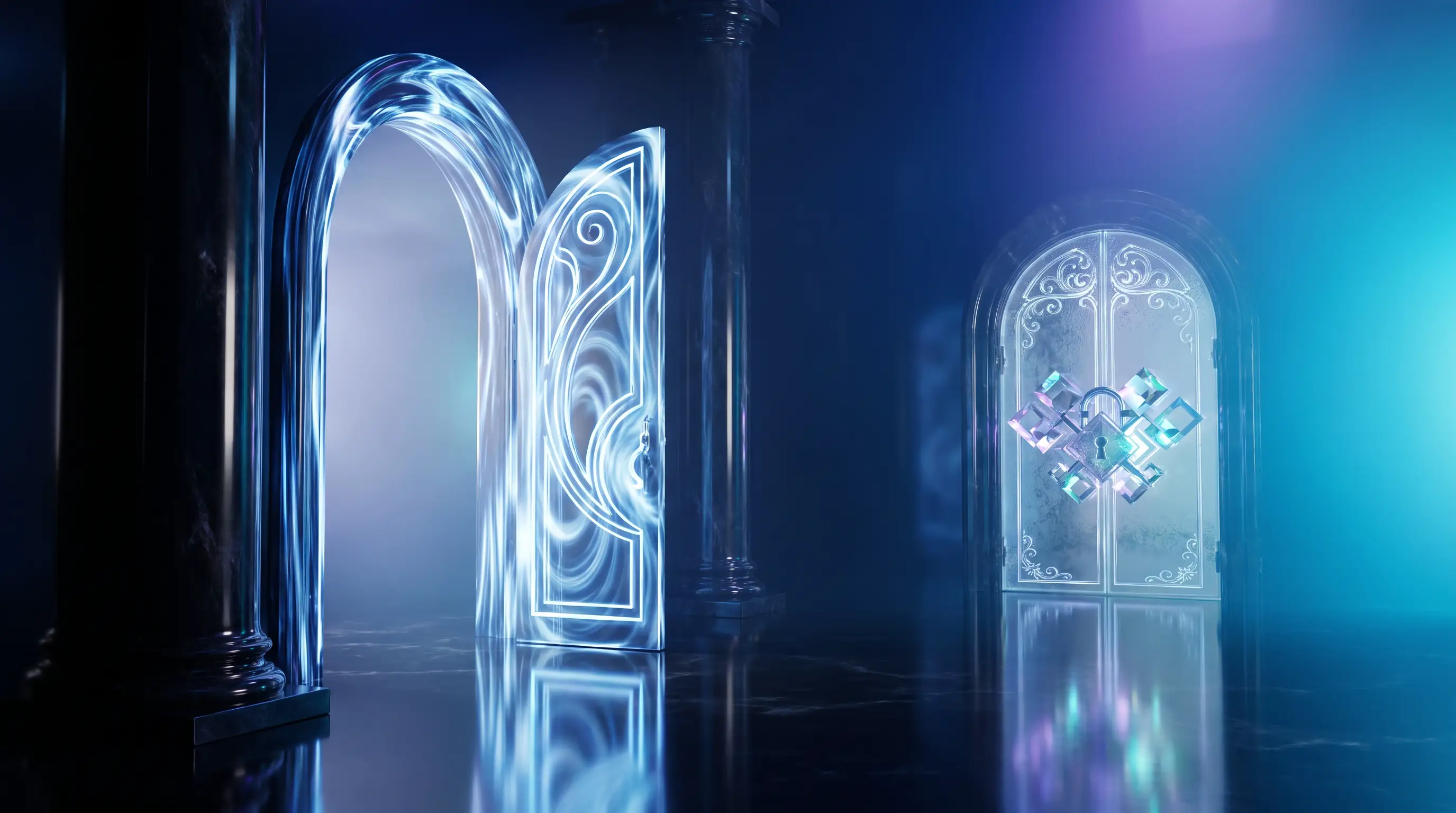 Open door of light beside a sealed frosted-glass door with a prism lock — switching from Medicare Advantage to Medigap and the underwriting barrier