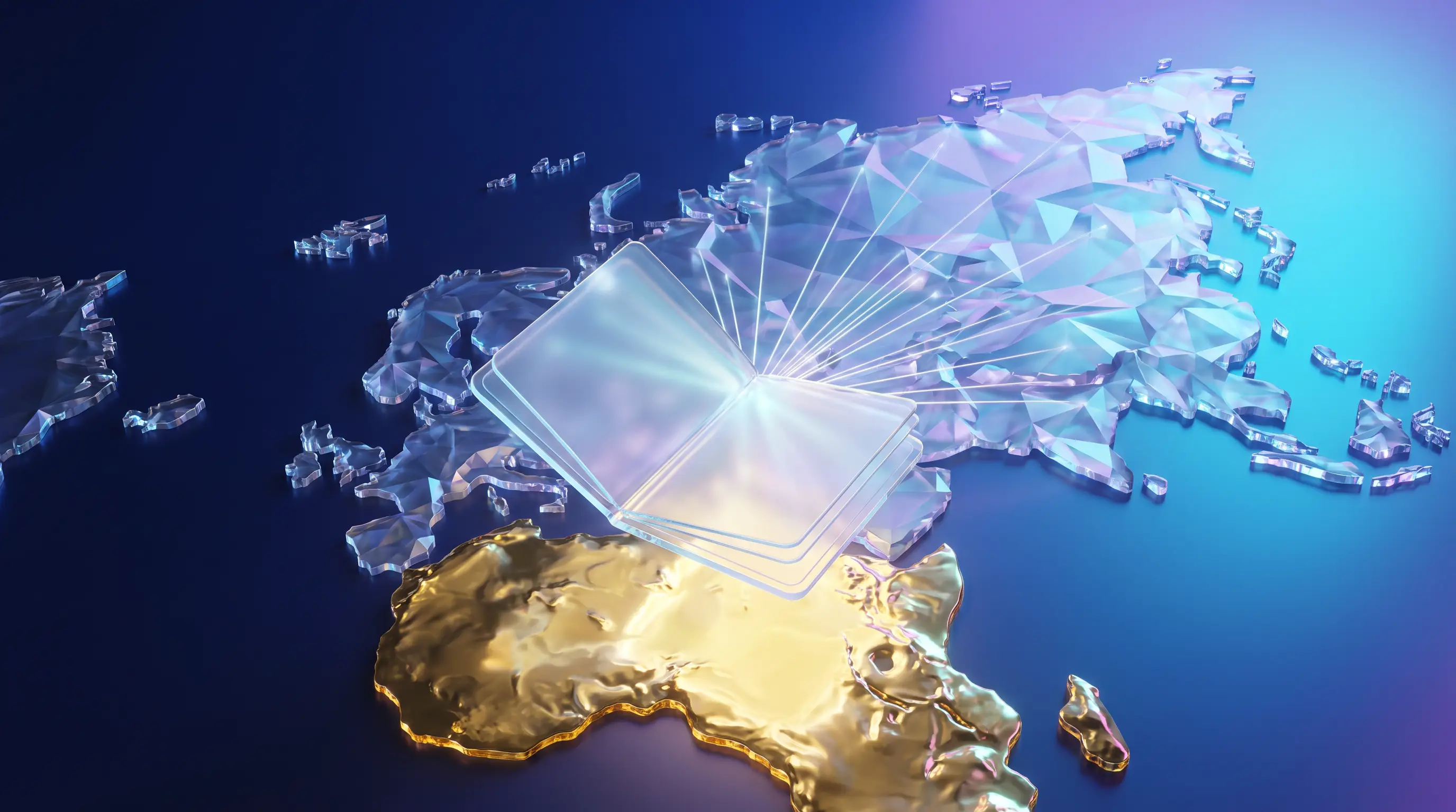 Luminous glass passport casting beams across a golden crystalline map of the United States — Medigap coverage traveling to every state