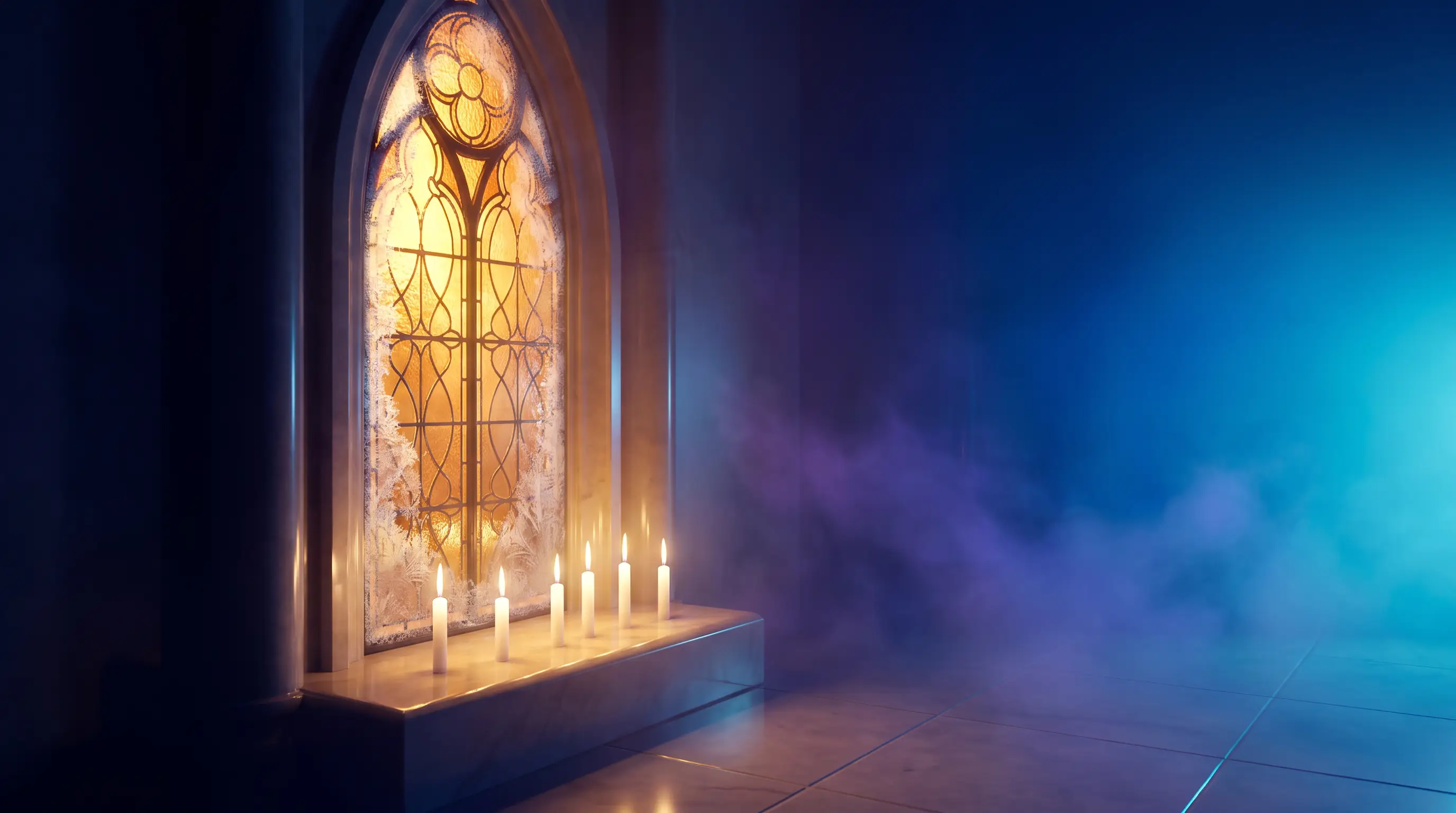 Amber stained-glass window with six candles of light slowly frosting over — the one-time six-month Medigap open enrollment window