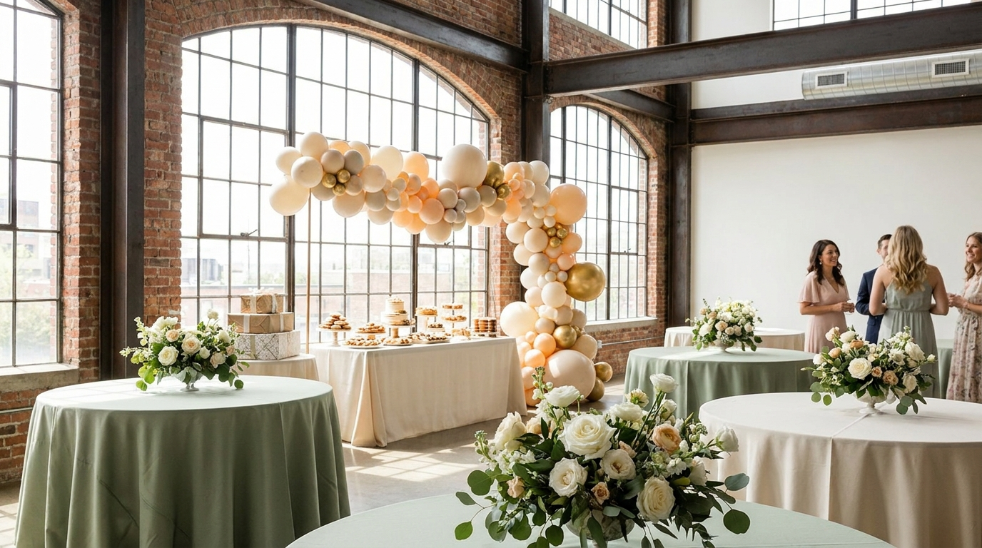 Baby shower event space in Rock Hill, SC set up with balloon arch and florals at Work at Wheel