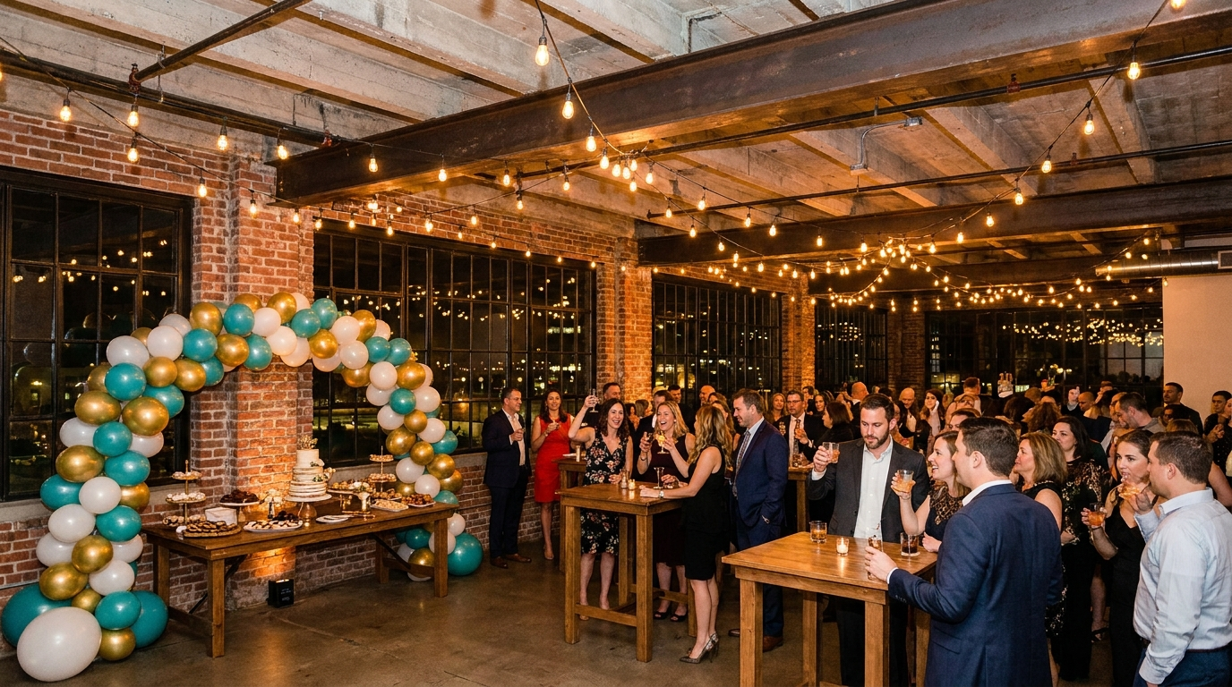Birthday party venue near Charlotte with string lights and balloons at Work at Wheel