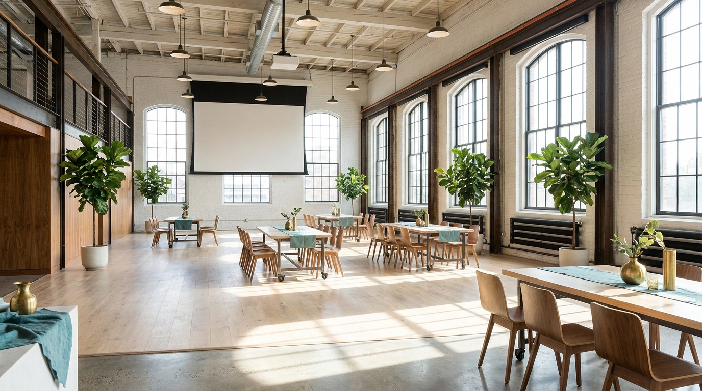 Modern event space with floor-to-ceiling windows in Rock Hill for weekend celebrations