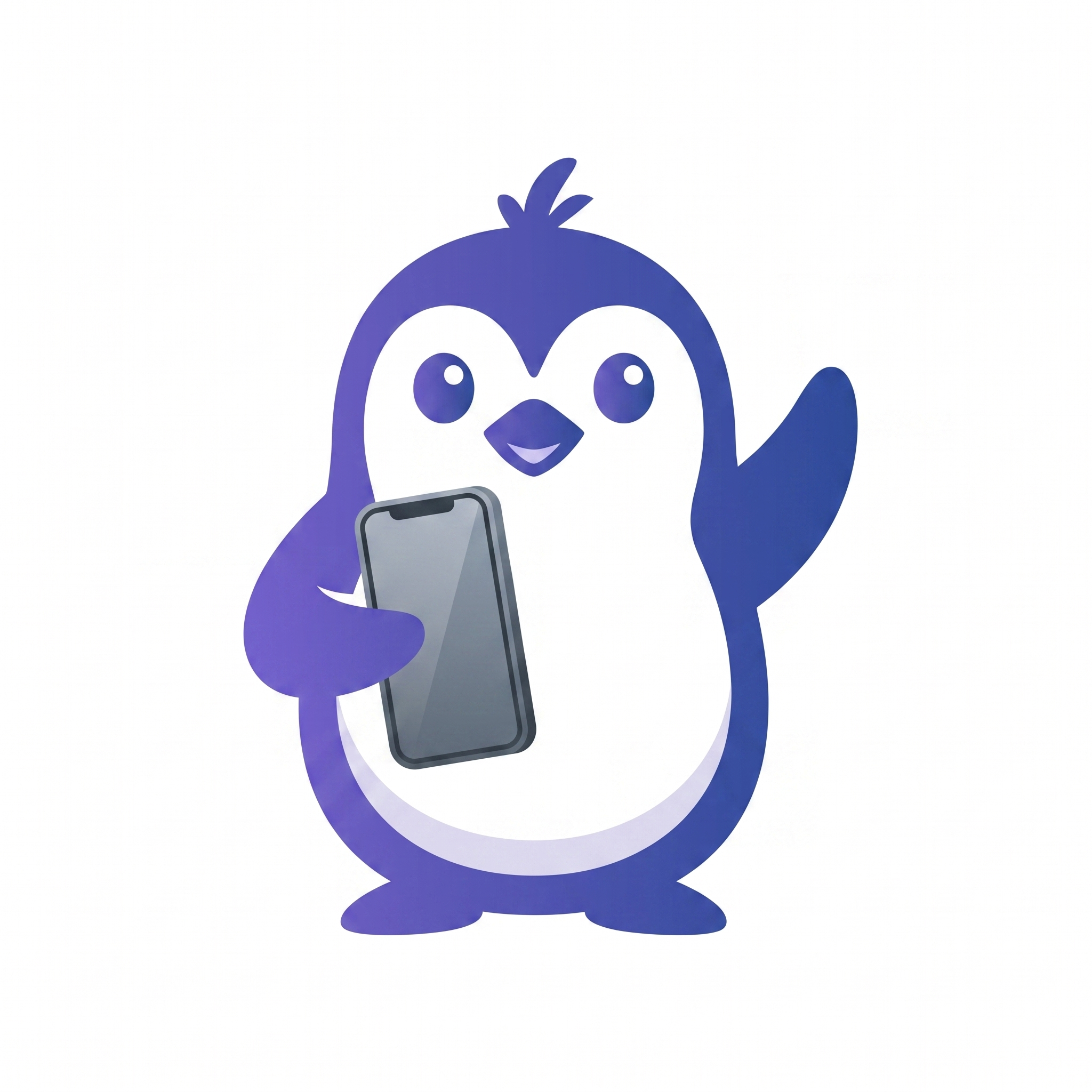Poppy Penguin holding a phone, waving hello