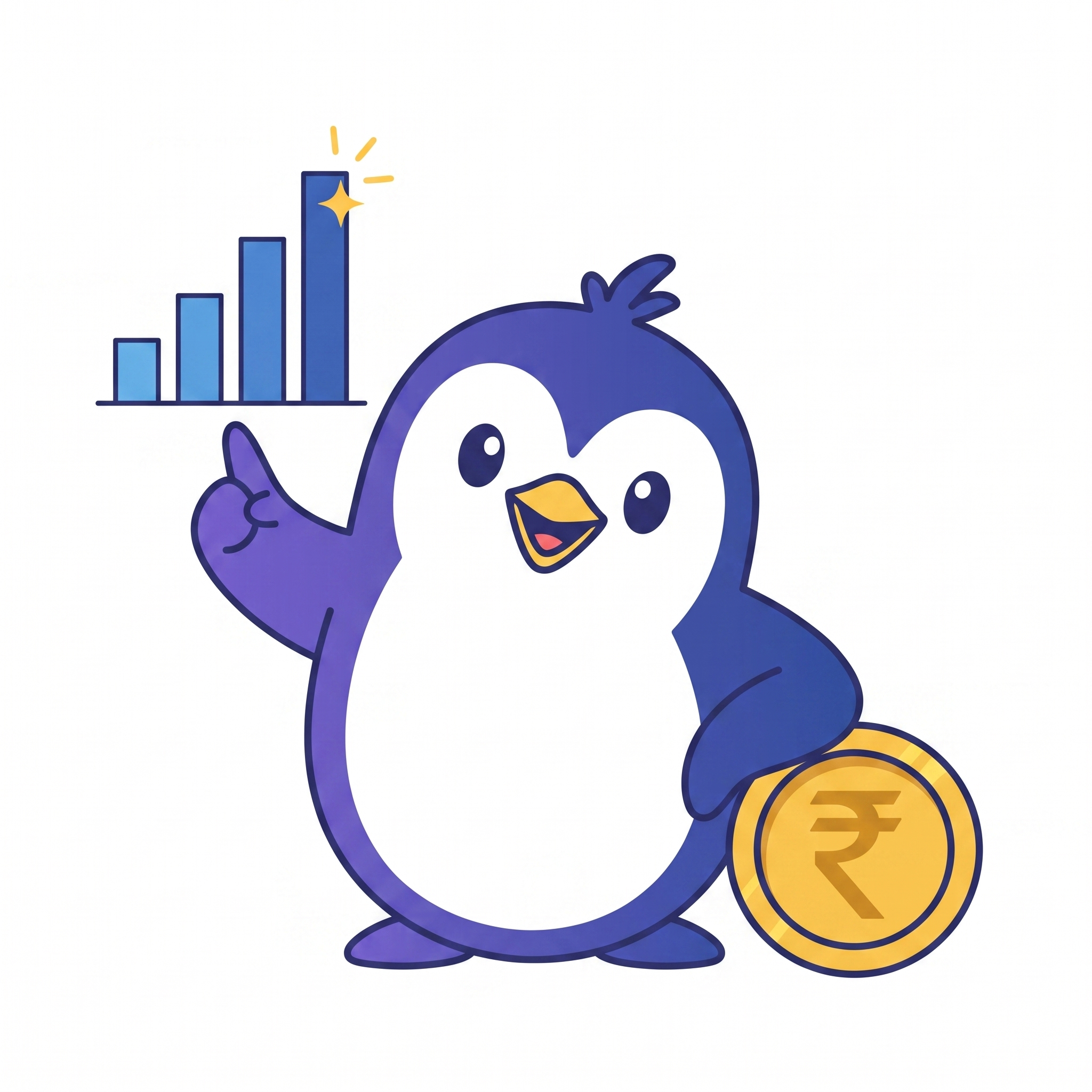 Poppy Penguin with a rising revenue chart and coin