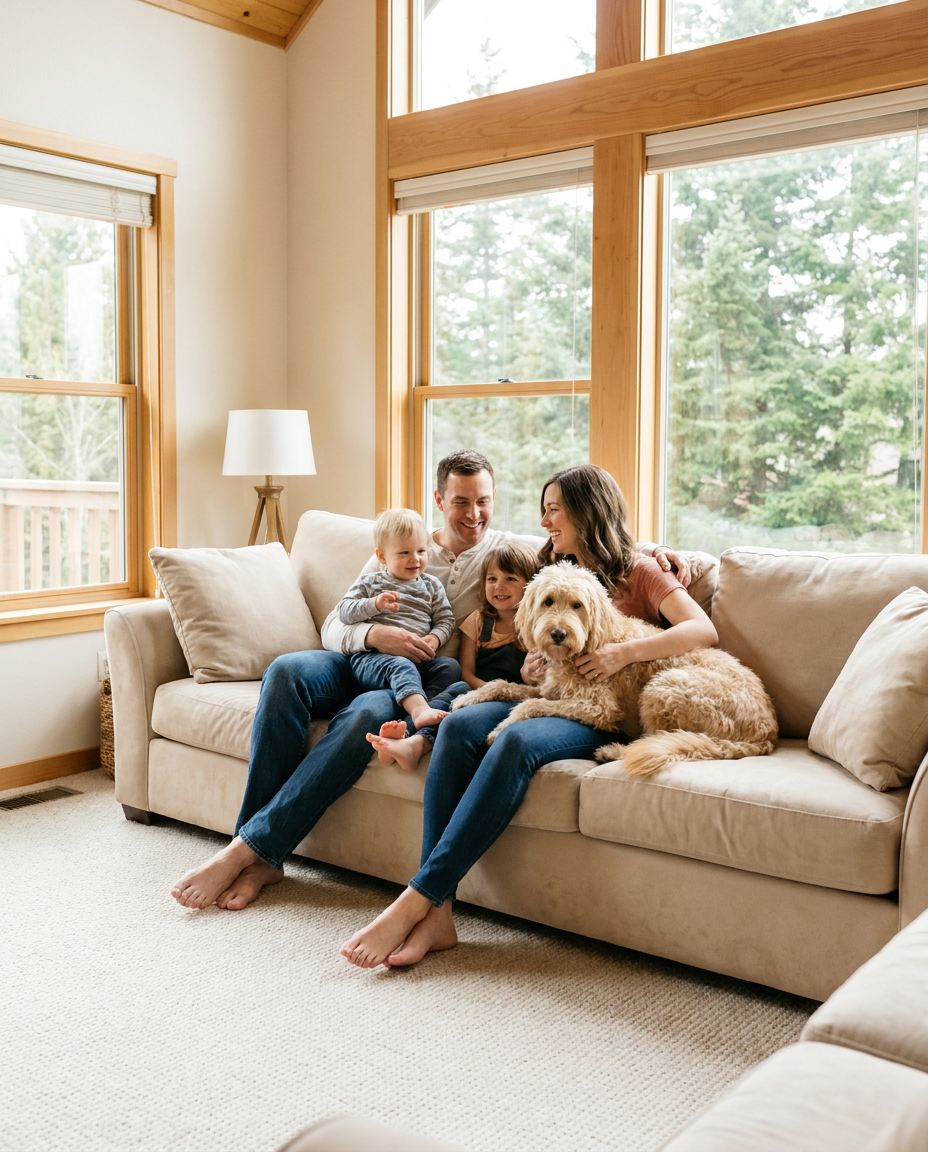 Family relaxing on clean carpet with dog
