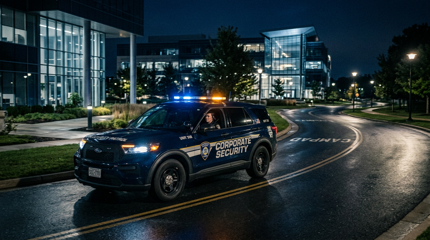 Female mobile patrol officer protecting a corporate campus at night