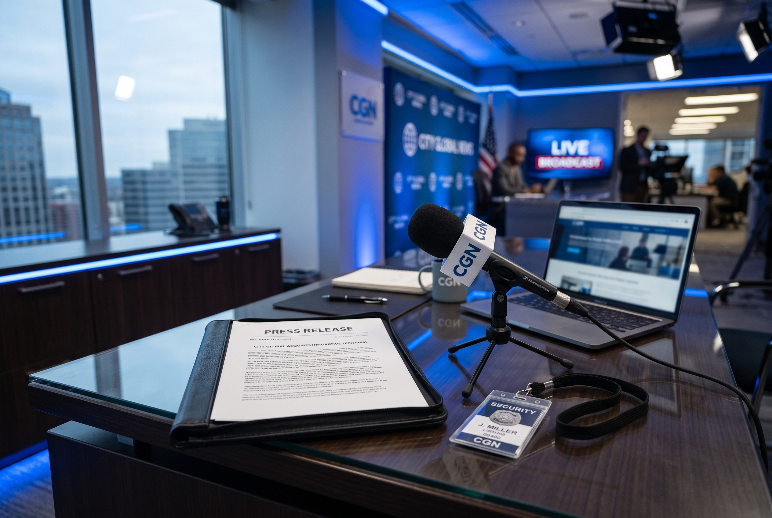 Press release document with professional security media setup