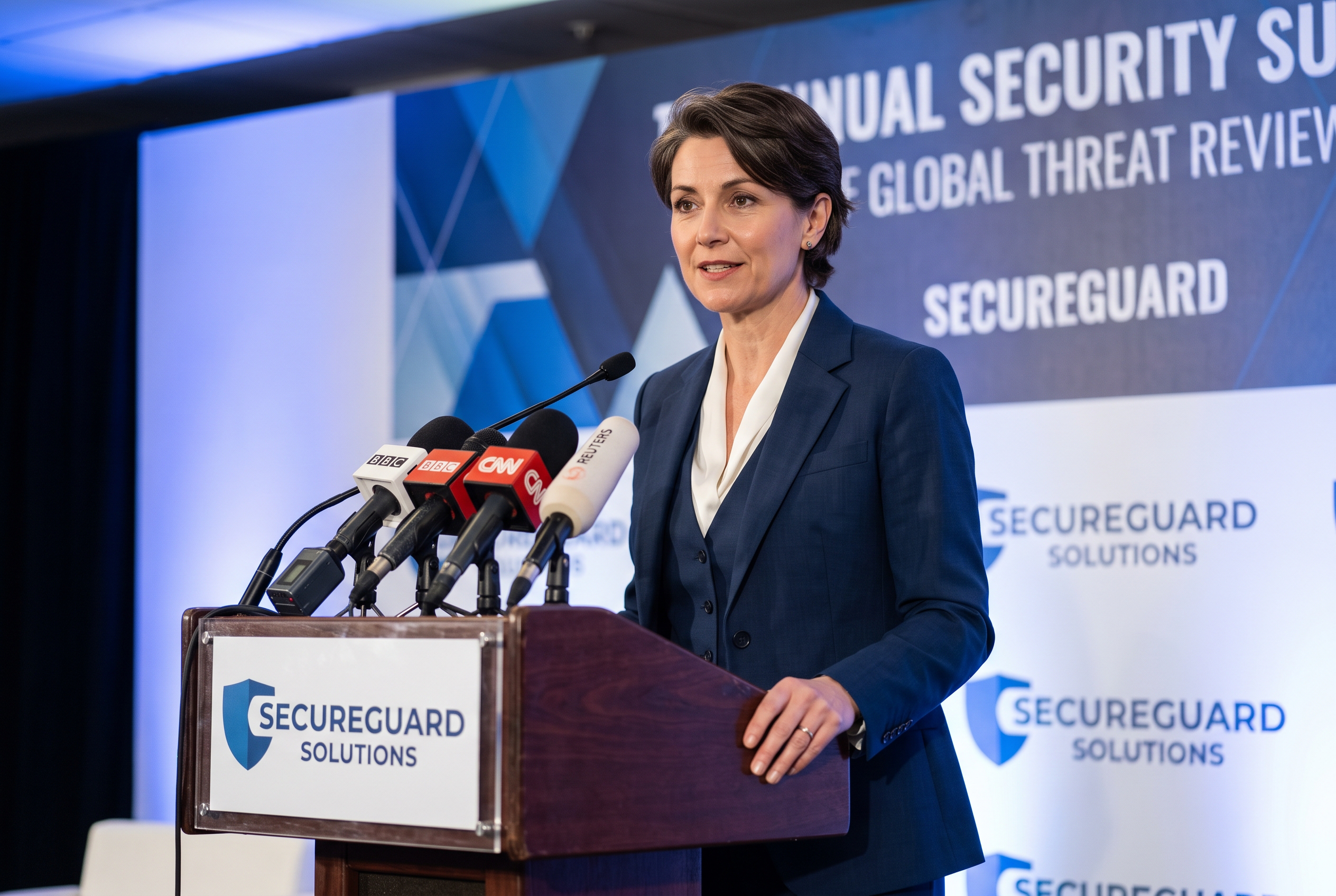 Female security company spokesperson at a press briefing