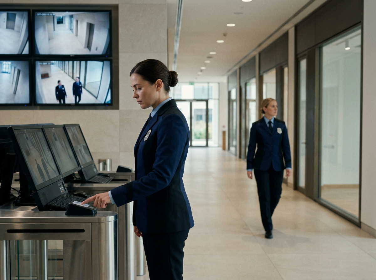 All-female security officers protecting a modern commercial space