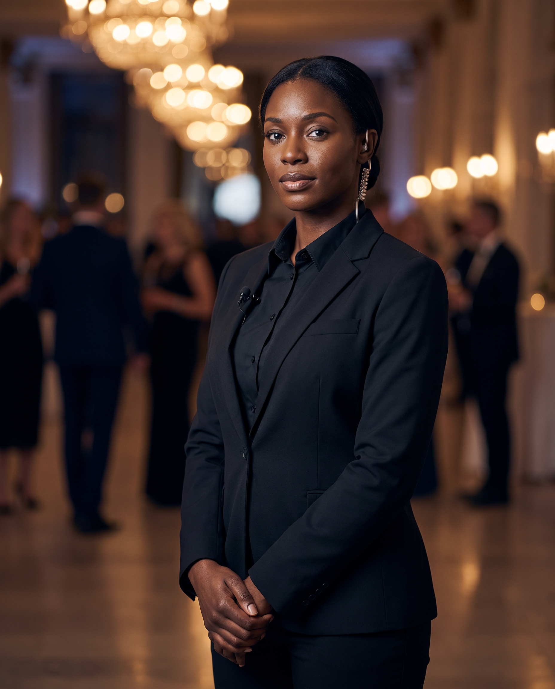 Black female event security professional at an upscale event