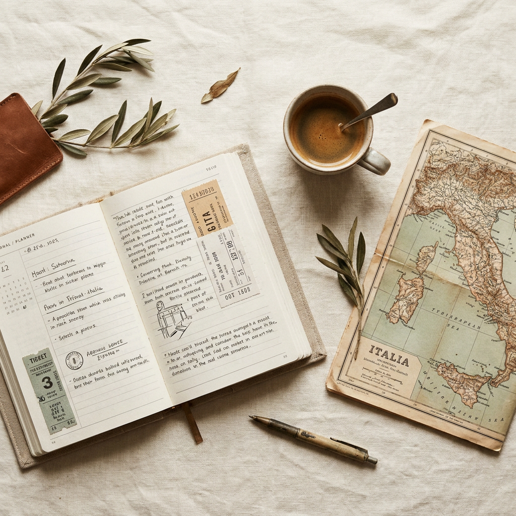 A travel planner and journal on a linen desk