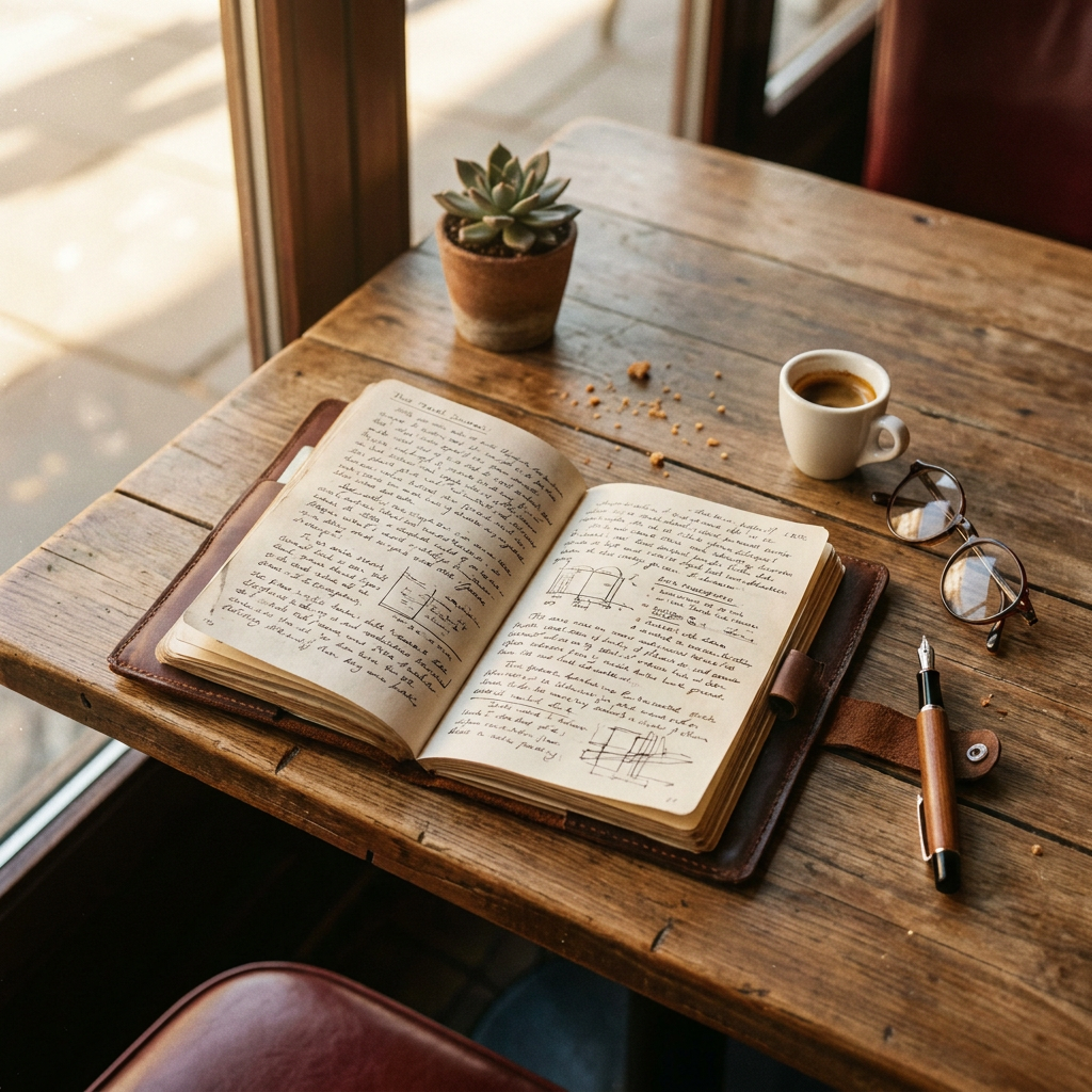 An open travel journal on a café table