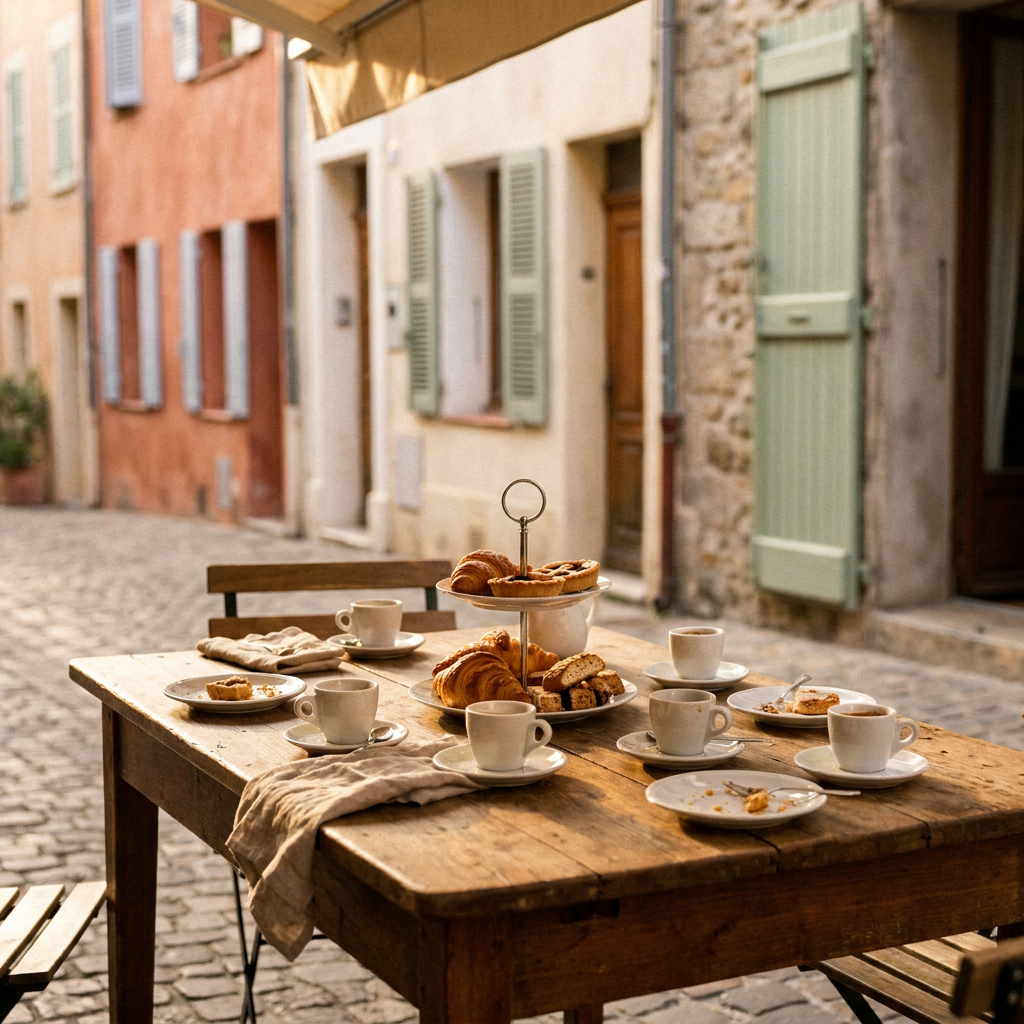 A sunlit European café table set for gathering