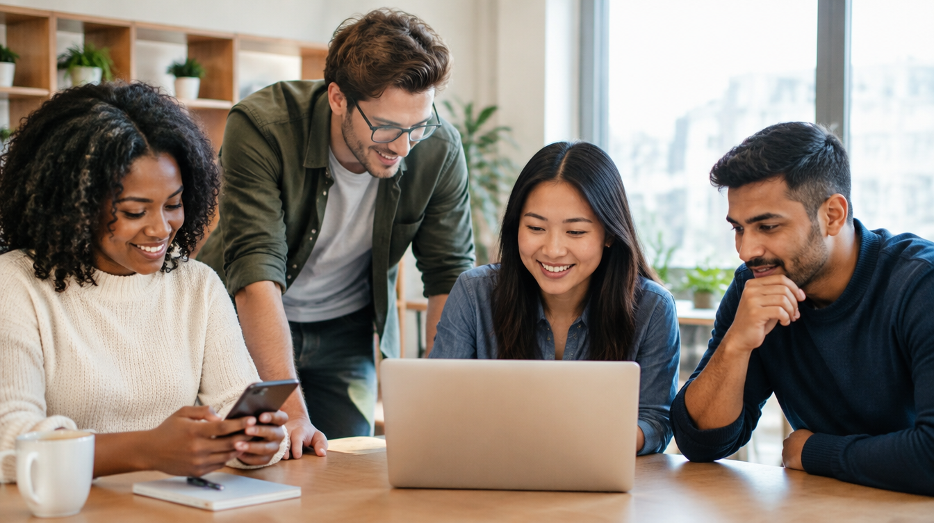 Team members casually engaging with company content on their phones