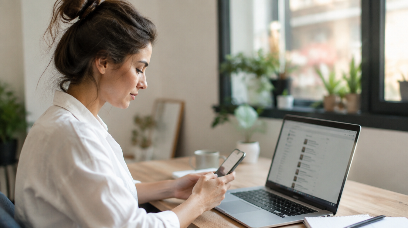 Small business owner checking real-time social media updates on a phone