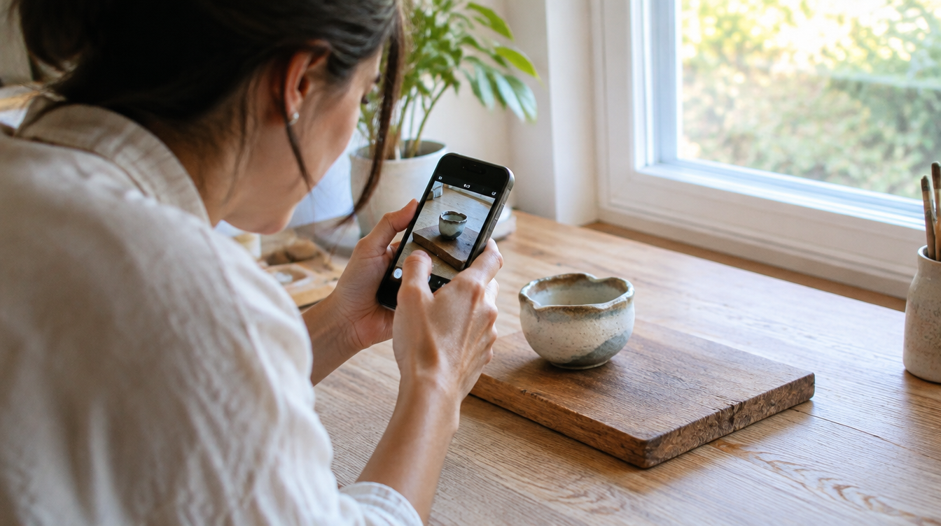 Small business owner photographing a product near natural window light