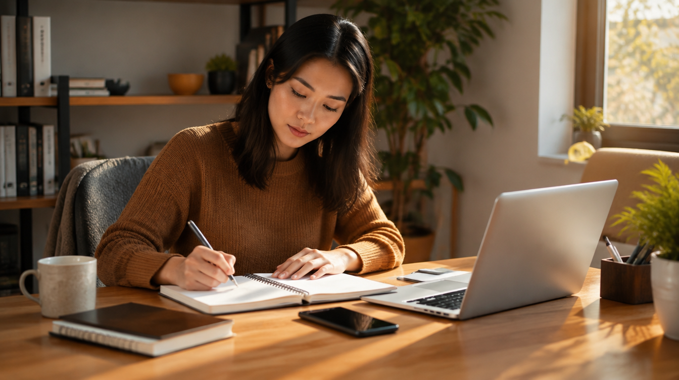 A solo marketer in a focused batch content creation session