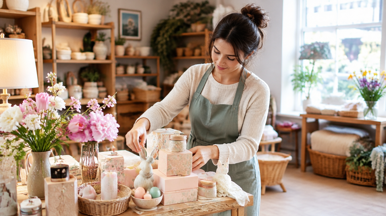 A small shop owner curating a seasonal gift display