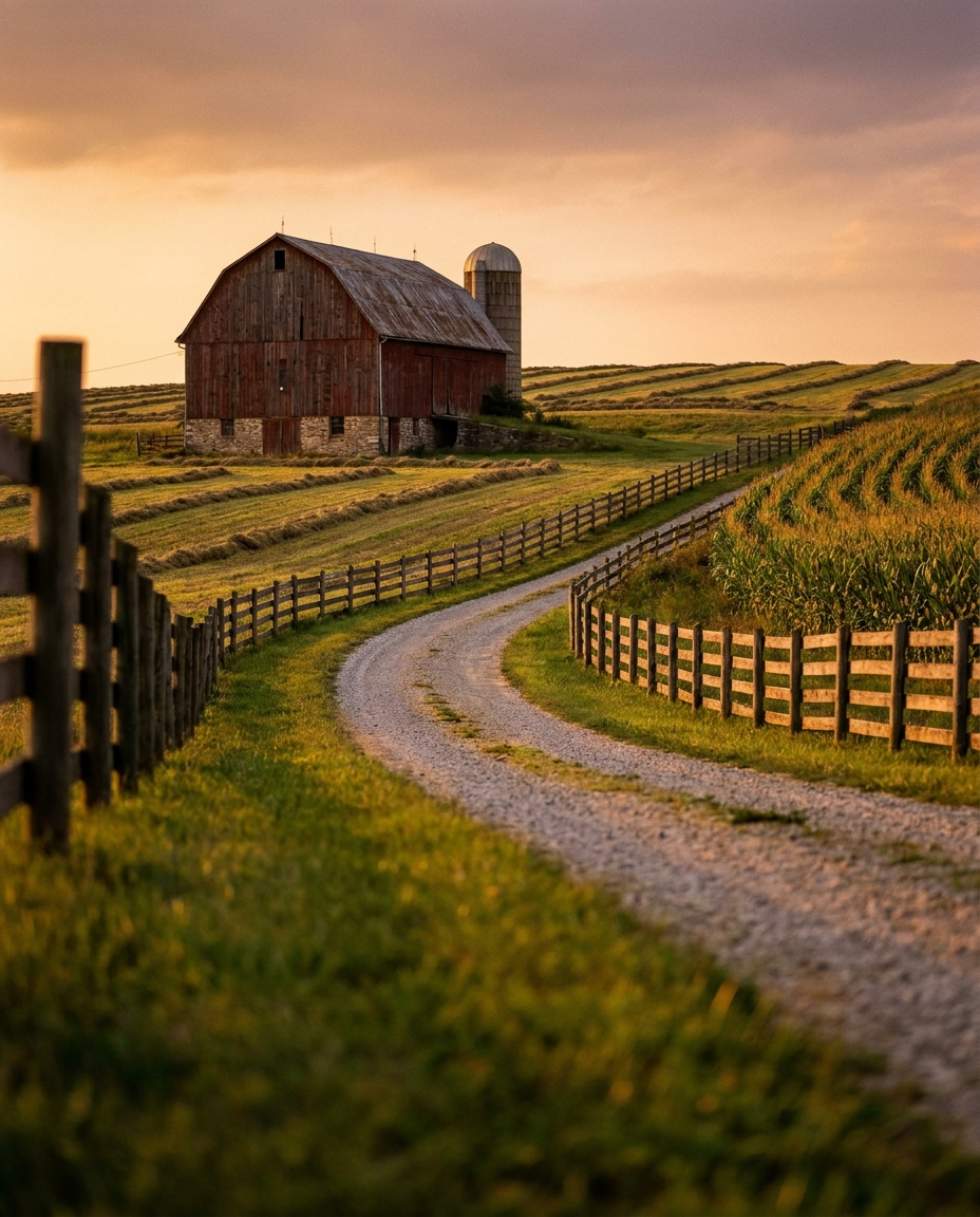 A gravel farm lane and wooden fence leading to a red barn across Pennsylvania farmland at golden hour