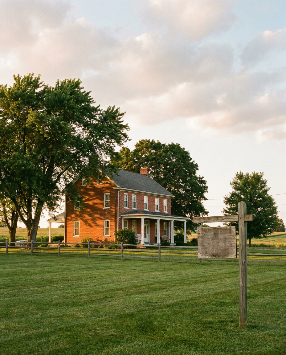 A brick farmhouse home with a white porch at golden hour in Lancaster County