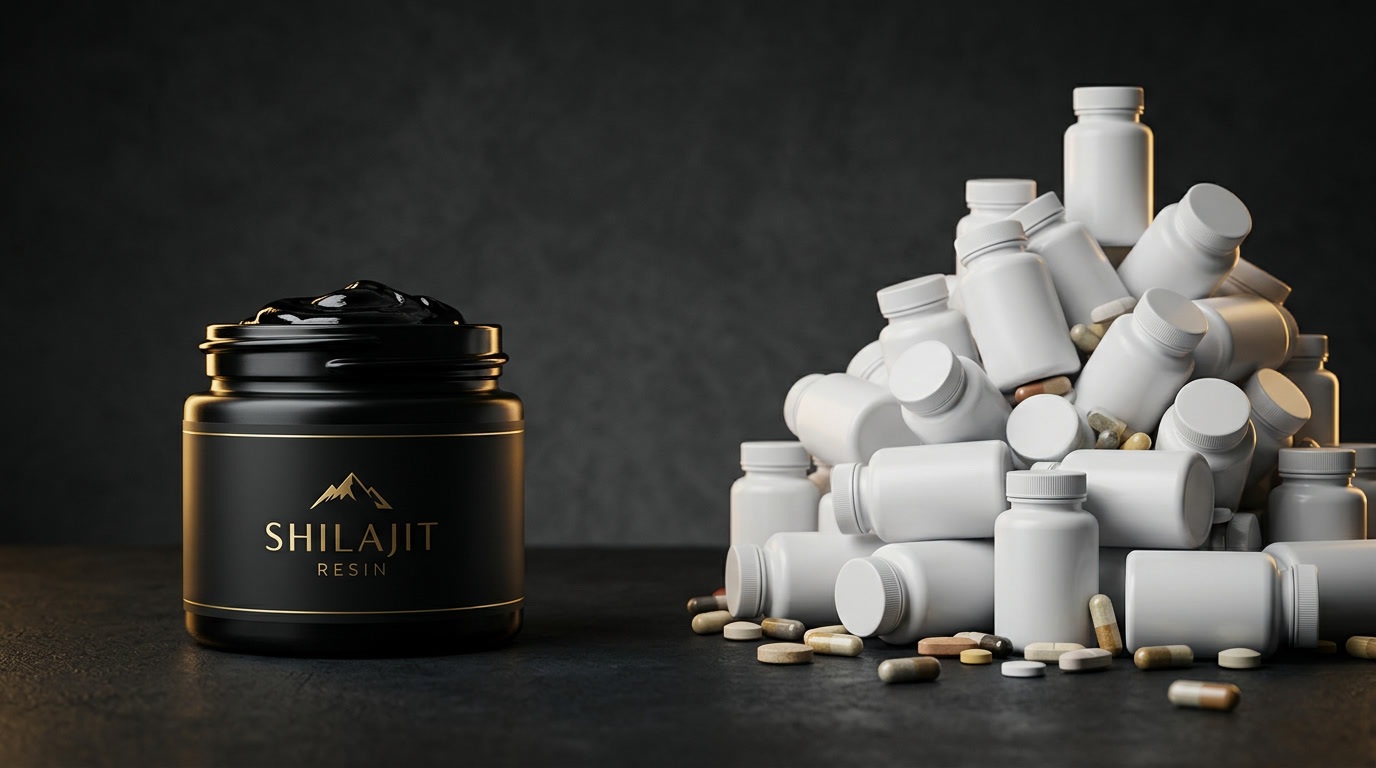 One jar of Pür Shilajit beside the pile of supplements it replaces