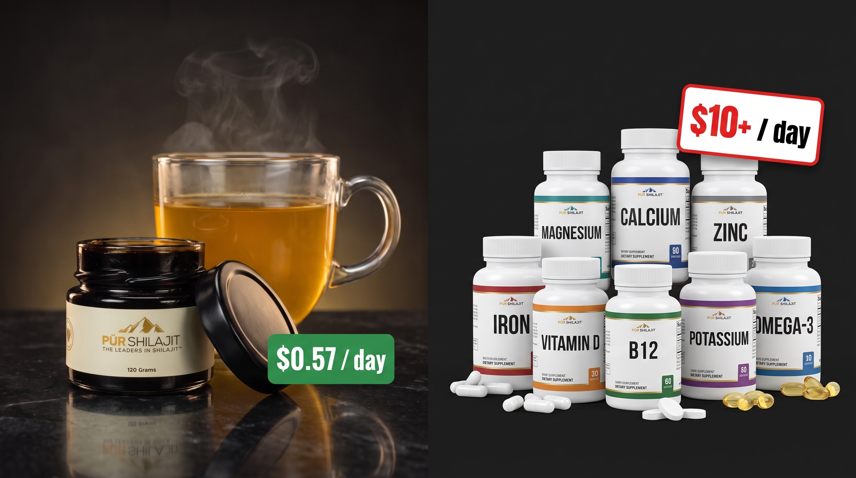 One 120g jar of Pür Shilajit at 57 cents a day beside the $10-a-day pile of labeled supplement bottles it replaces
