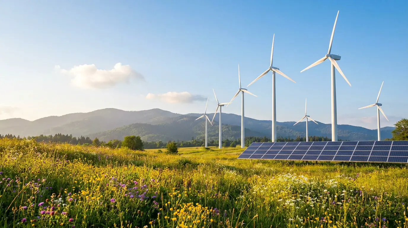 Wind turbines and solar panels in a lush green meadow — sustainable operations in harmony with nature