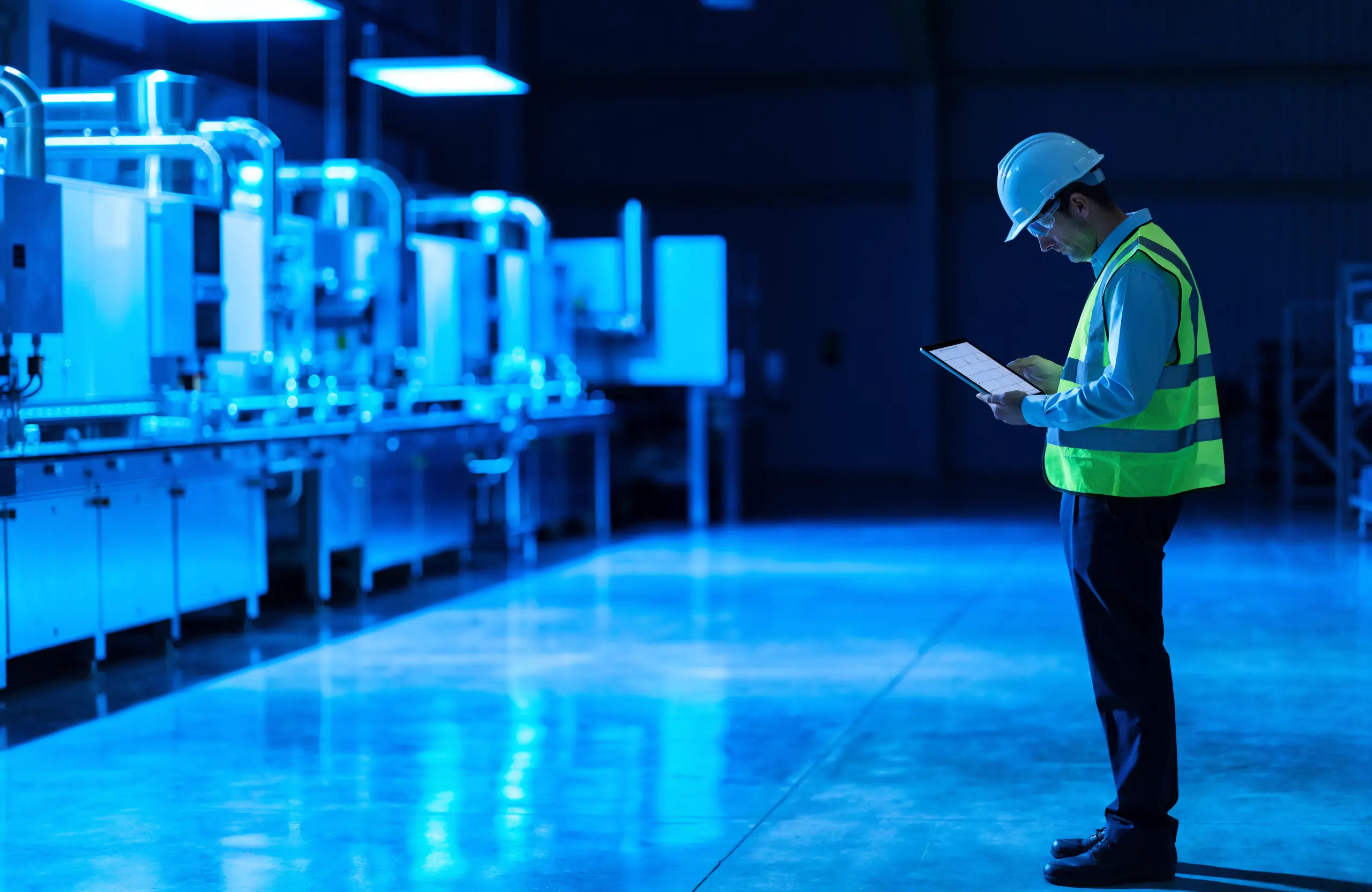 Quality inspector completing a digital inspection checklist on a tablet on a modern factory floor