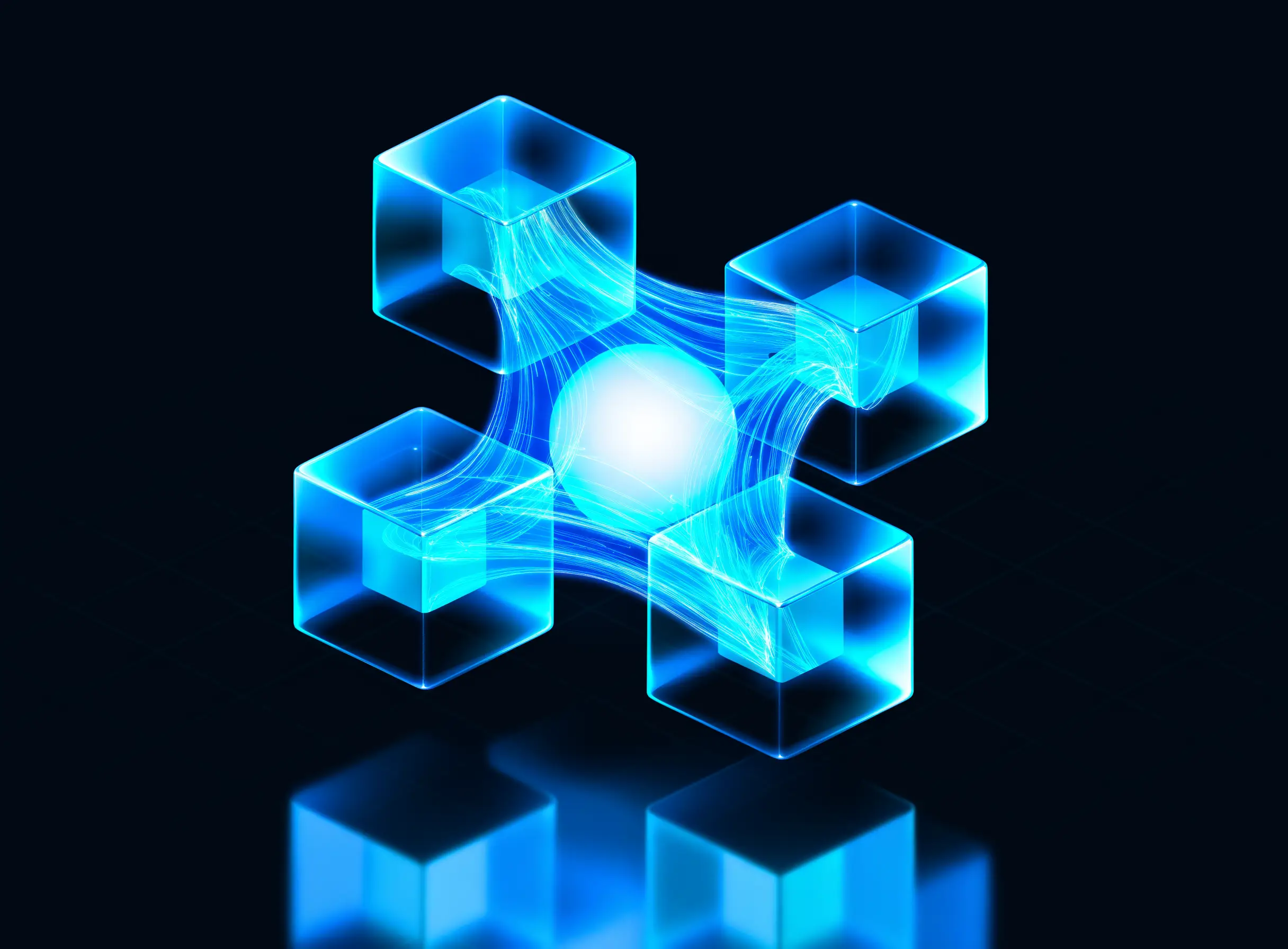 Four connected glass modules exchanging data around a glowing core — the ISOXPERT ecosystem