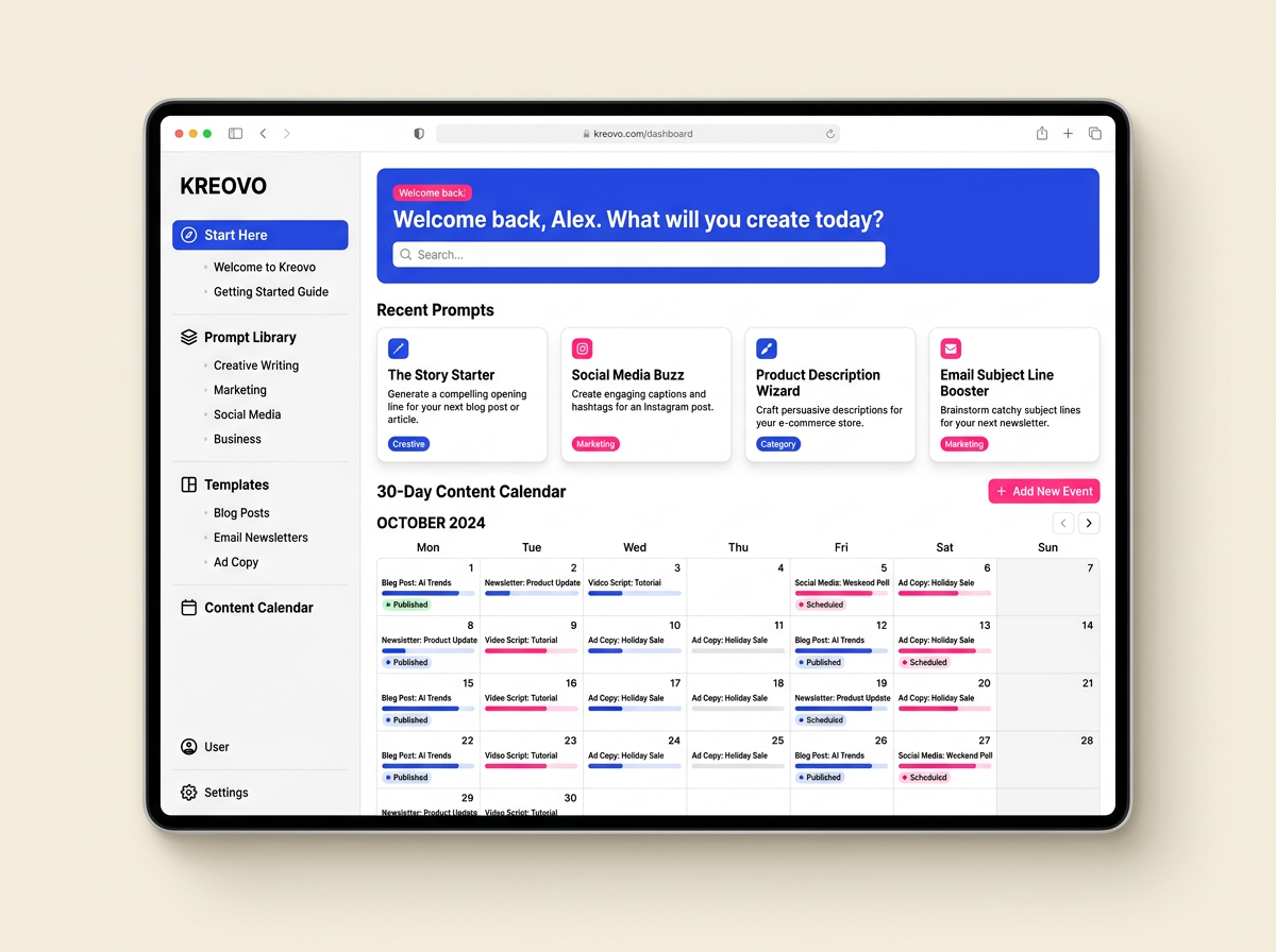 Kreovo dashboard: prompt library, templates and a 30-day content calendar