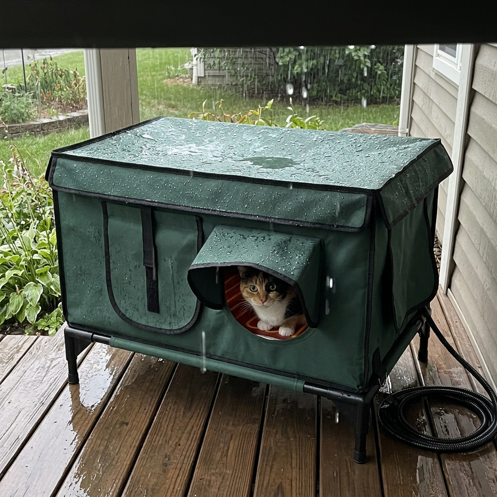 Calico cat staying dry during rain