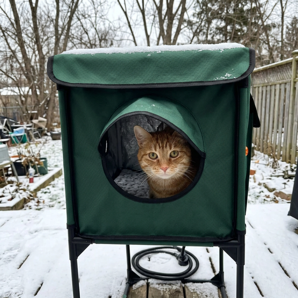 Ginger cat peeking out of NookHaven in the snow