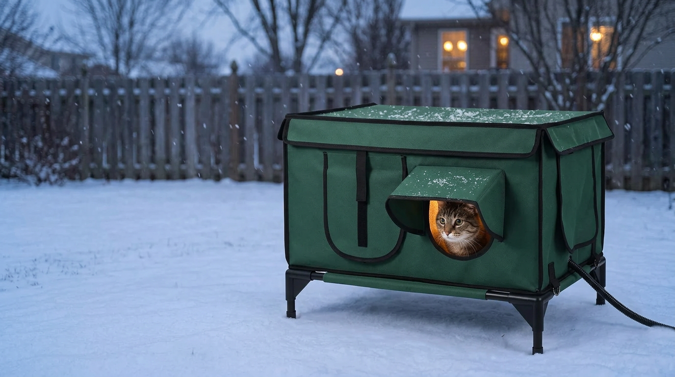 NookHaven heated outdoor cat house in a snowy backyard