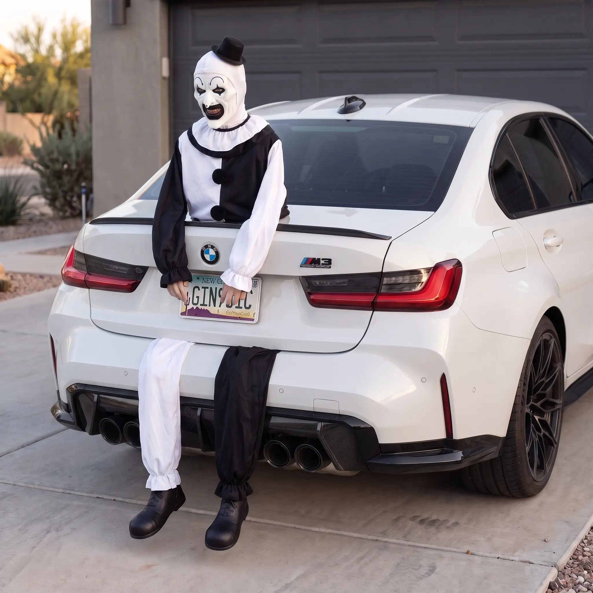 The Jester figure hanging out of the trunk of a white sedan