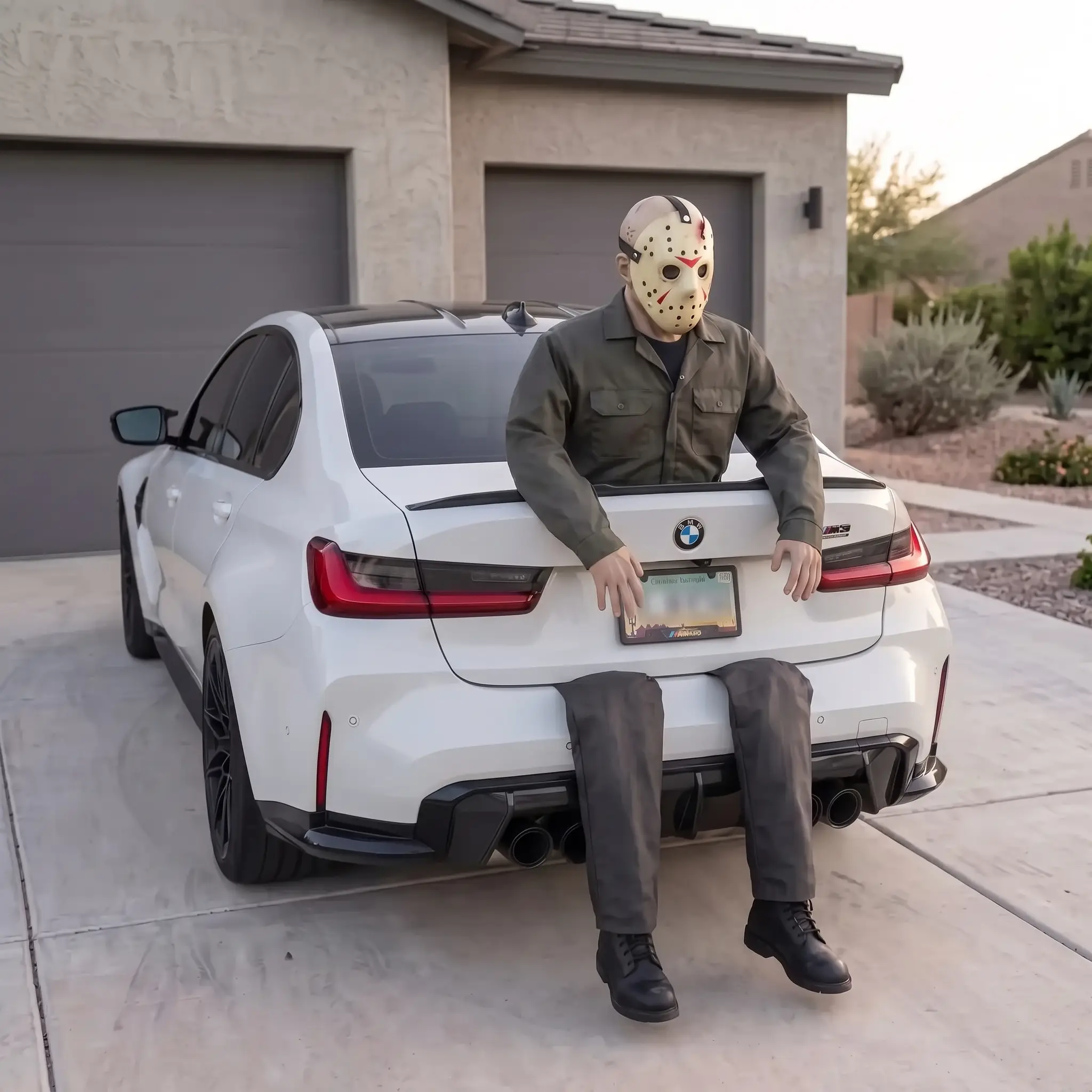 The Slasher on the trunk of a white sedan