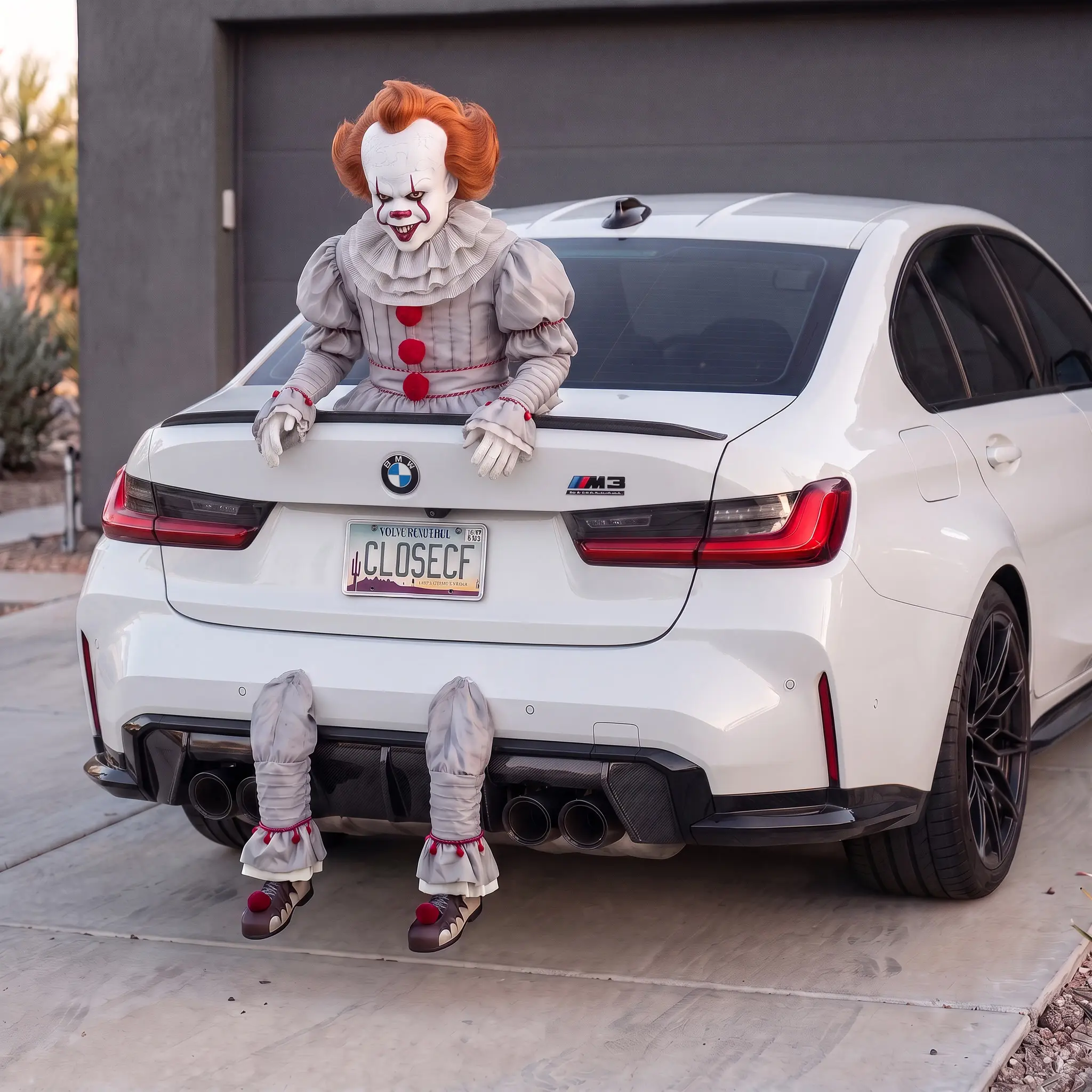 The Clown on the trunk of a white sedan