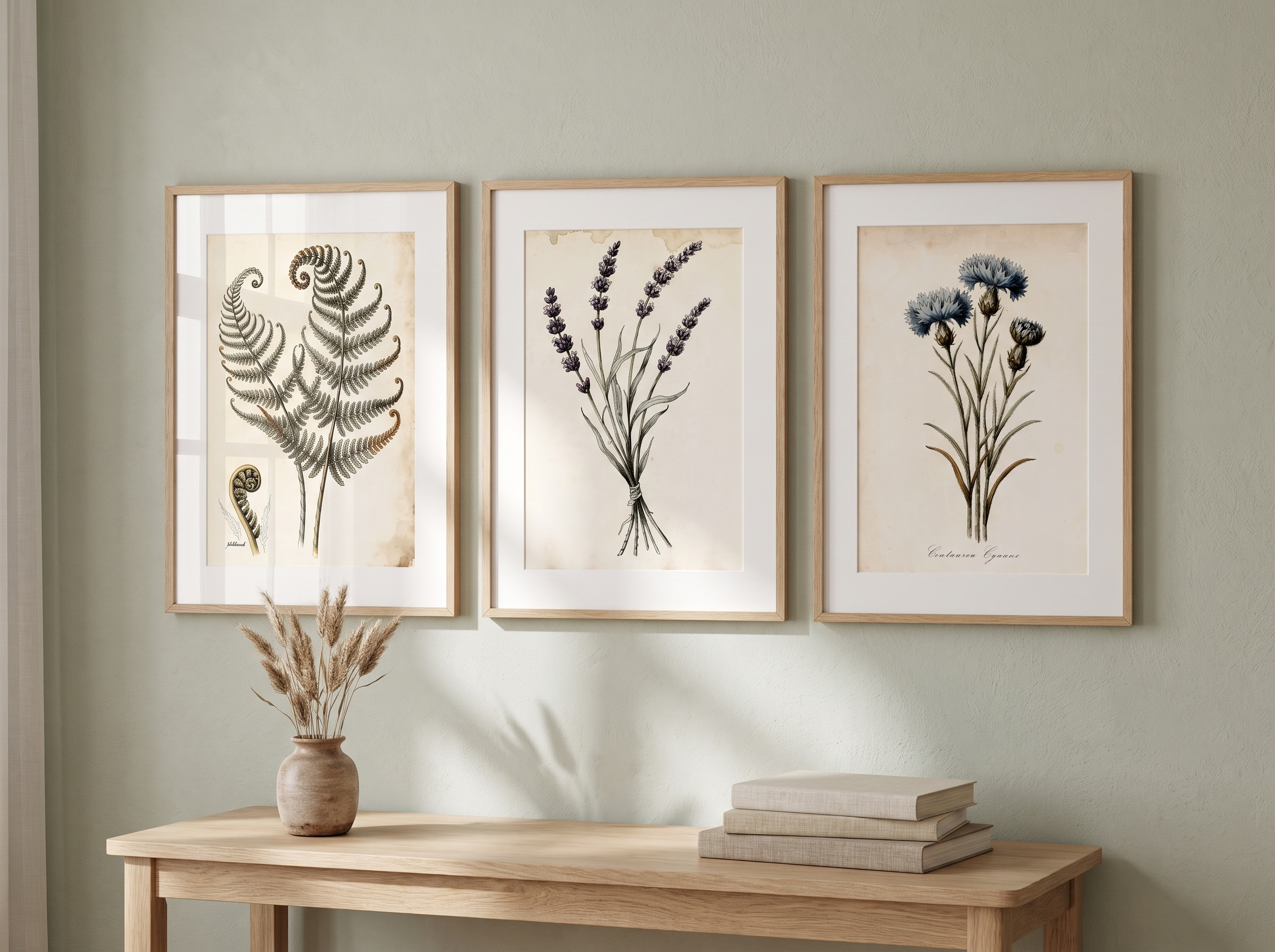 Three framed vintage botanical prints hanging on a sage wall above a console table