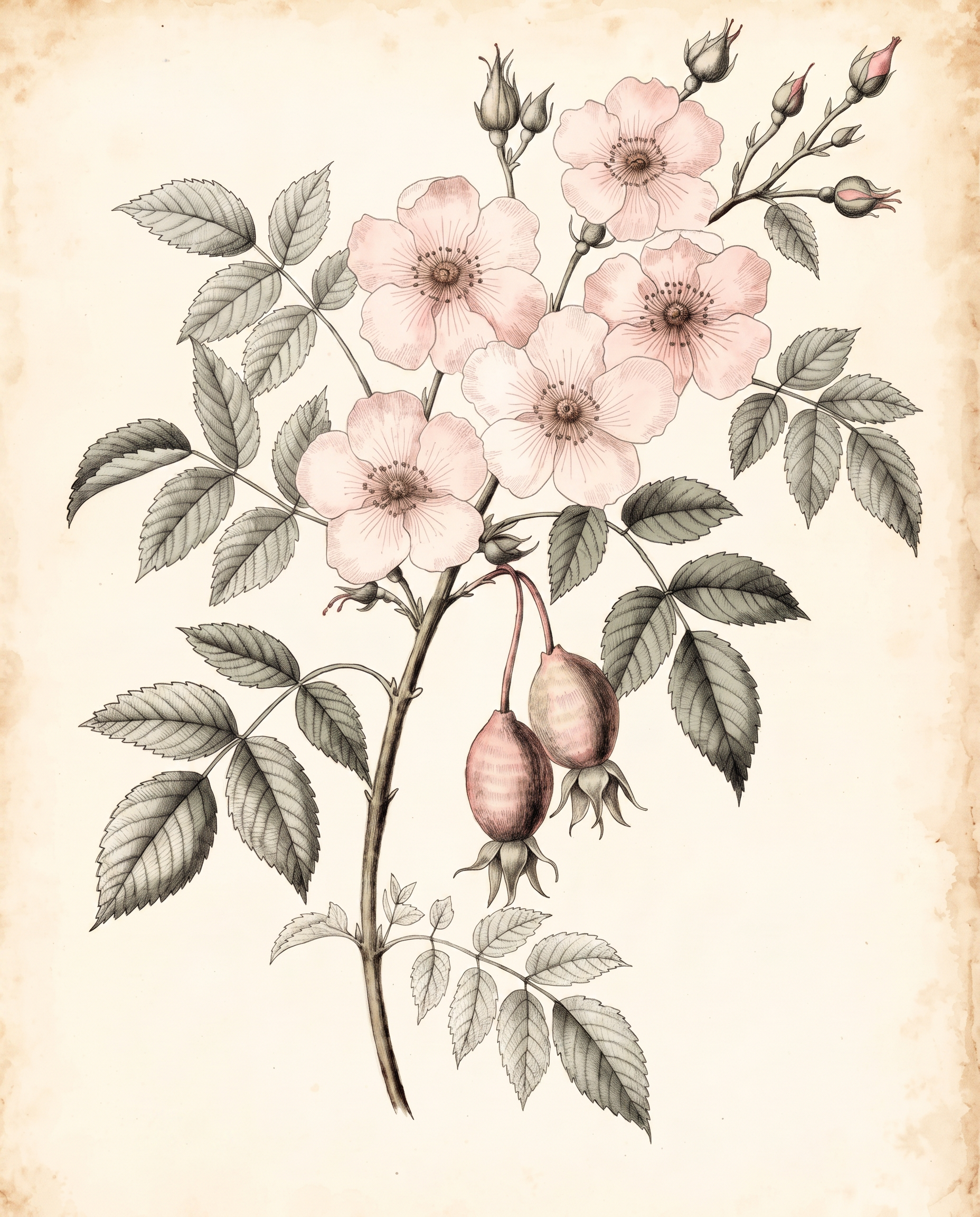 Vintage botanical illustration of a wild dog rose branch