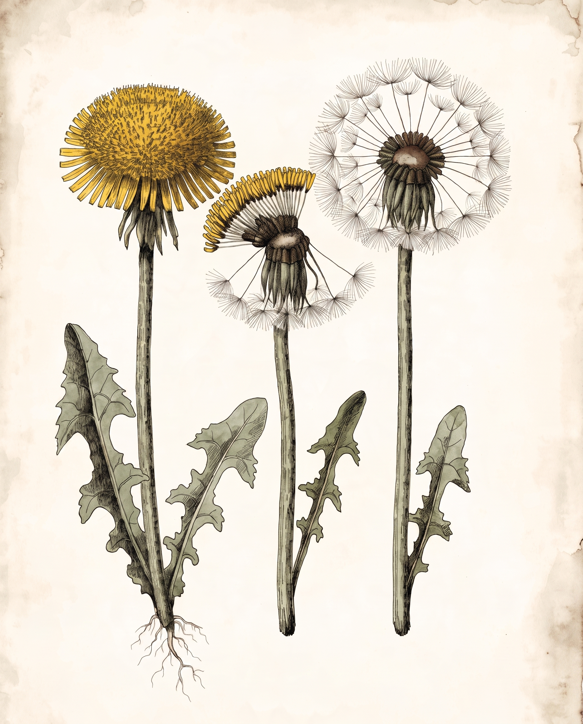 Vintage botanical illustration of a dandelion life cycle