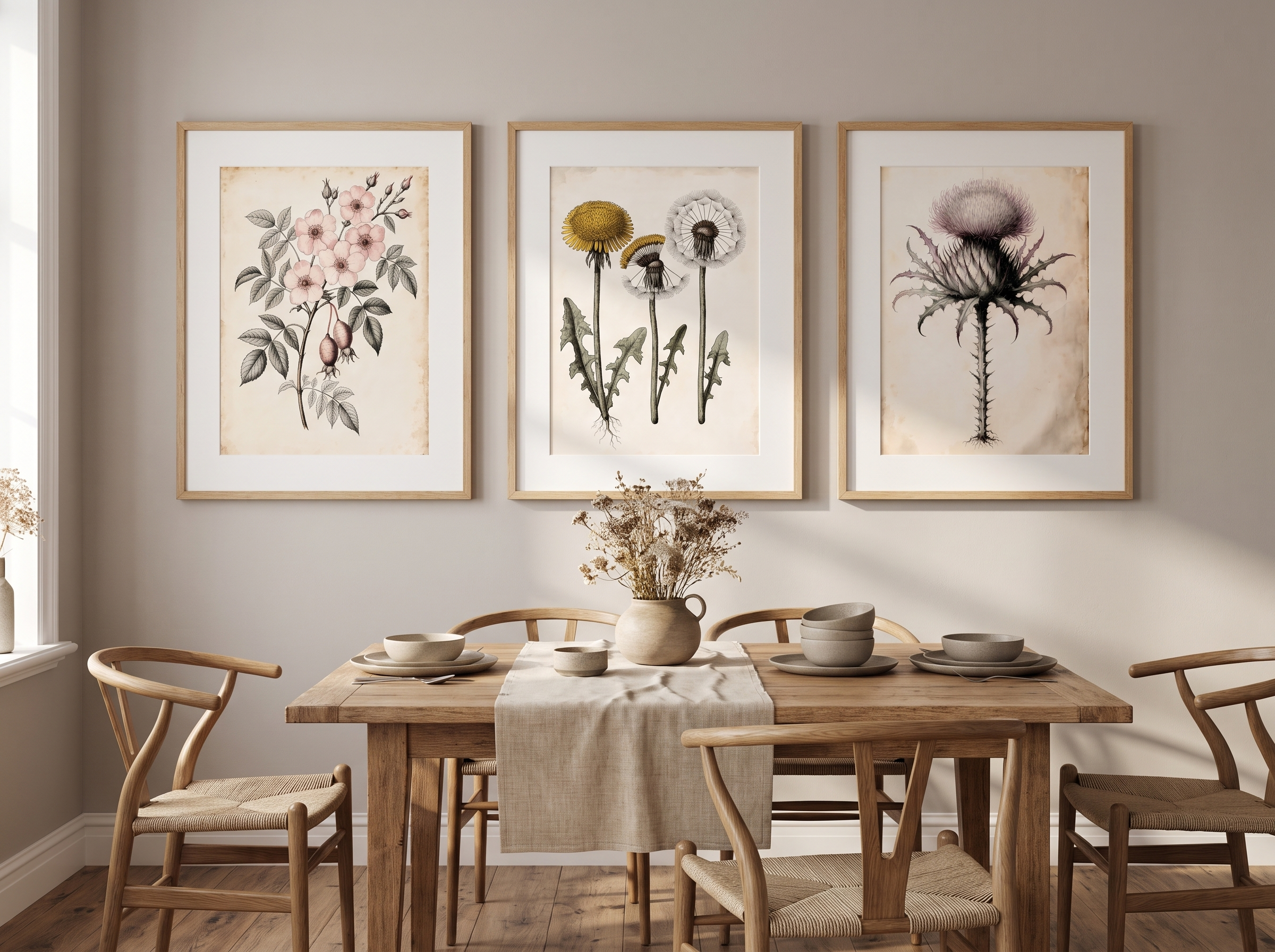 Three framed botanical prints above a rustic oak dining table