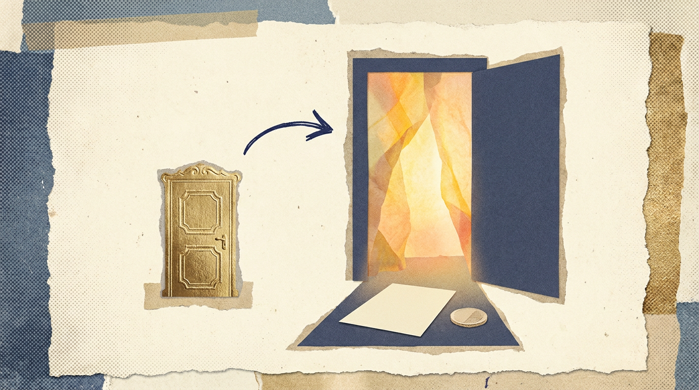Paper collage: an ornate but tiny gilded door beside a plain full-size door standing open with warm light