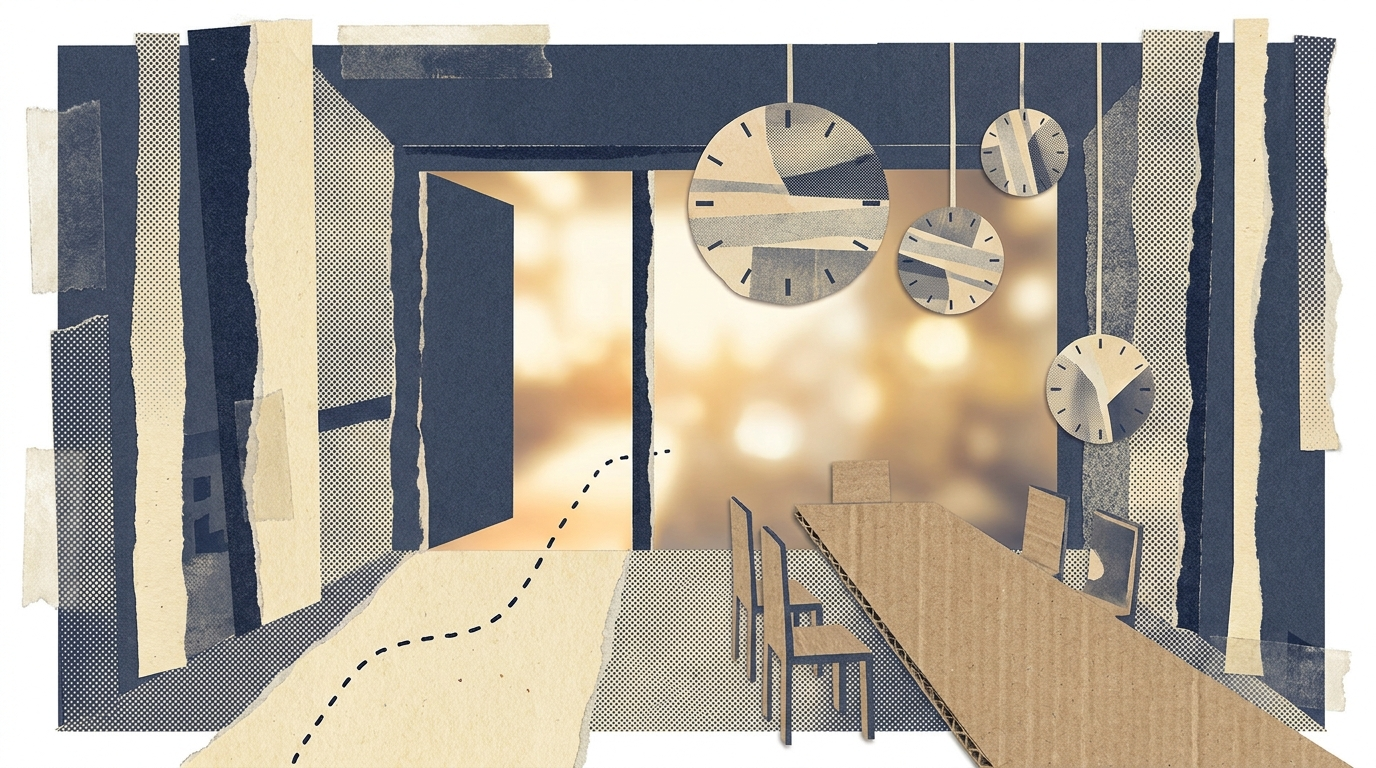 Paper collage: an airport corridor ends in an open doorway with no gate, leading to four clocks above a boardroom table